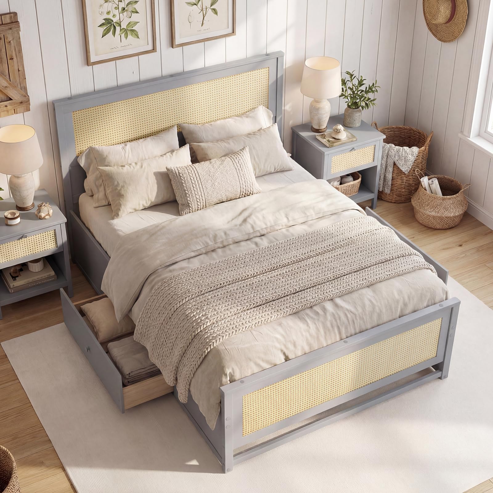 KOMFOTT Rattan Bed Frame with 2 Storage Drawers