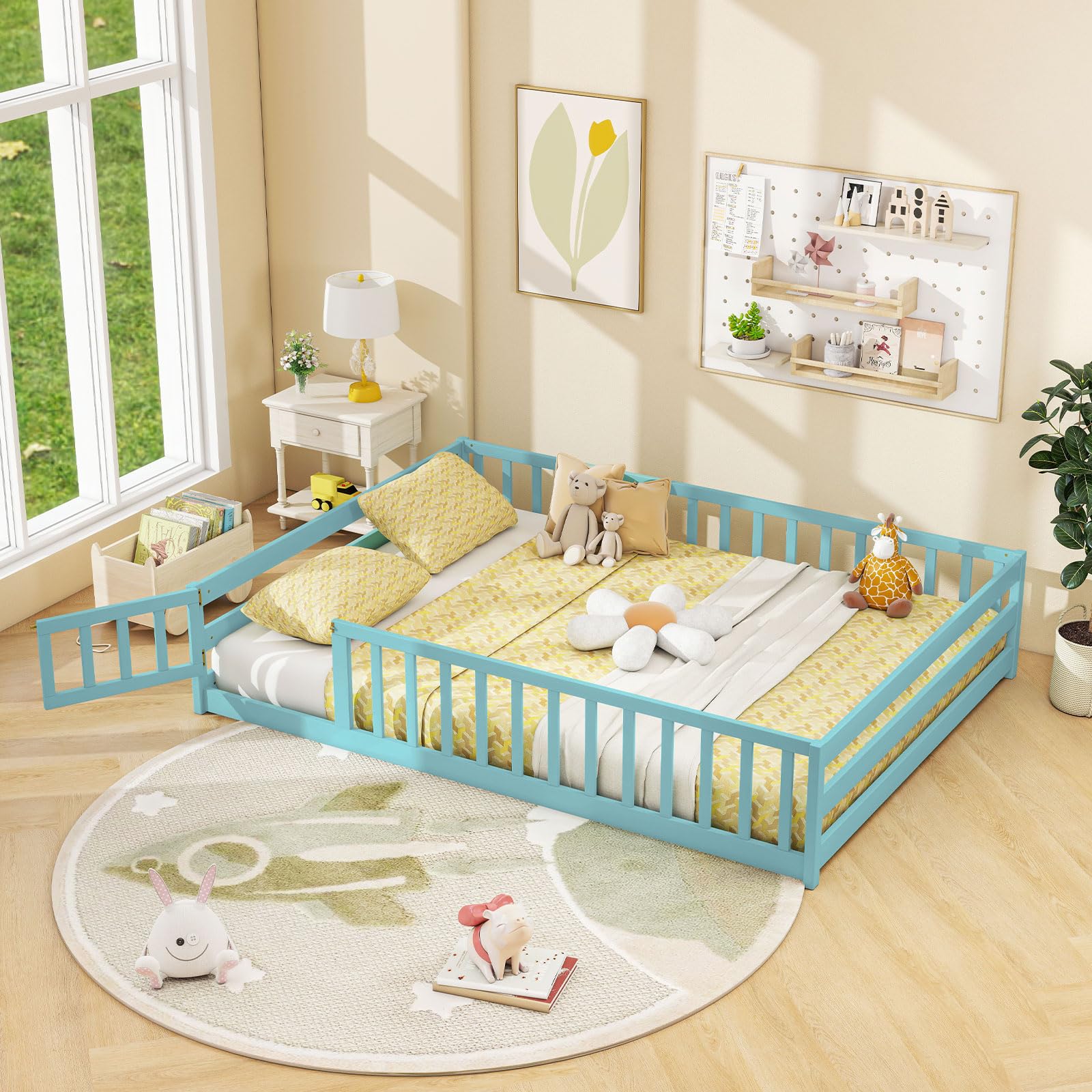 KOMFOTT Twin Floor Bed with Door & Fence, Kids Wood Montessori Bed with Safety Guardrails