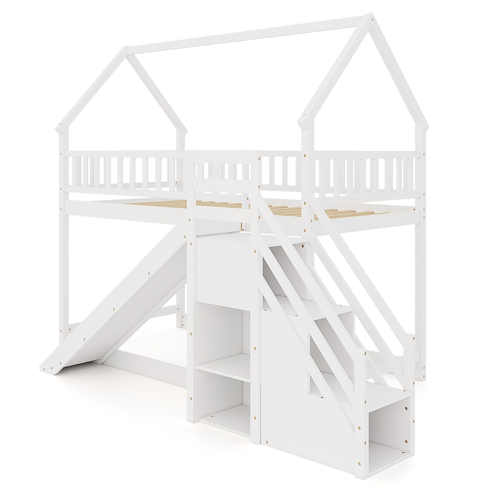 KOMFOTT Twin Over Twin Bunk Bed with Slide & Staircase & Storage Shelves