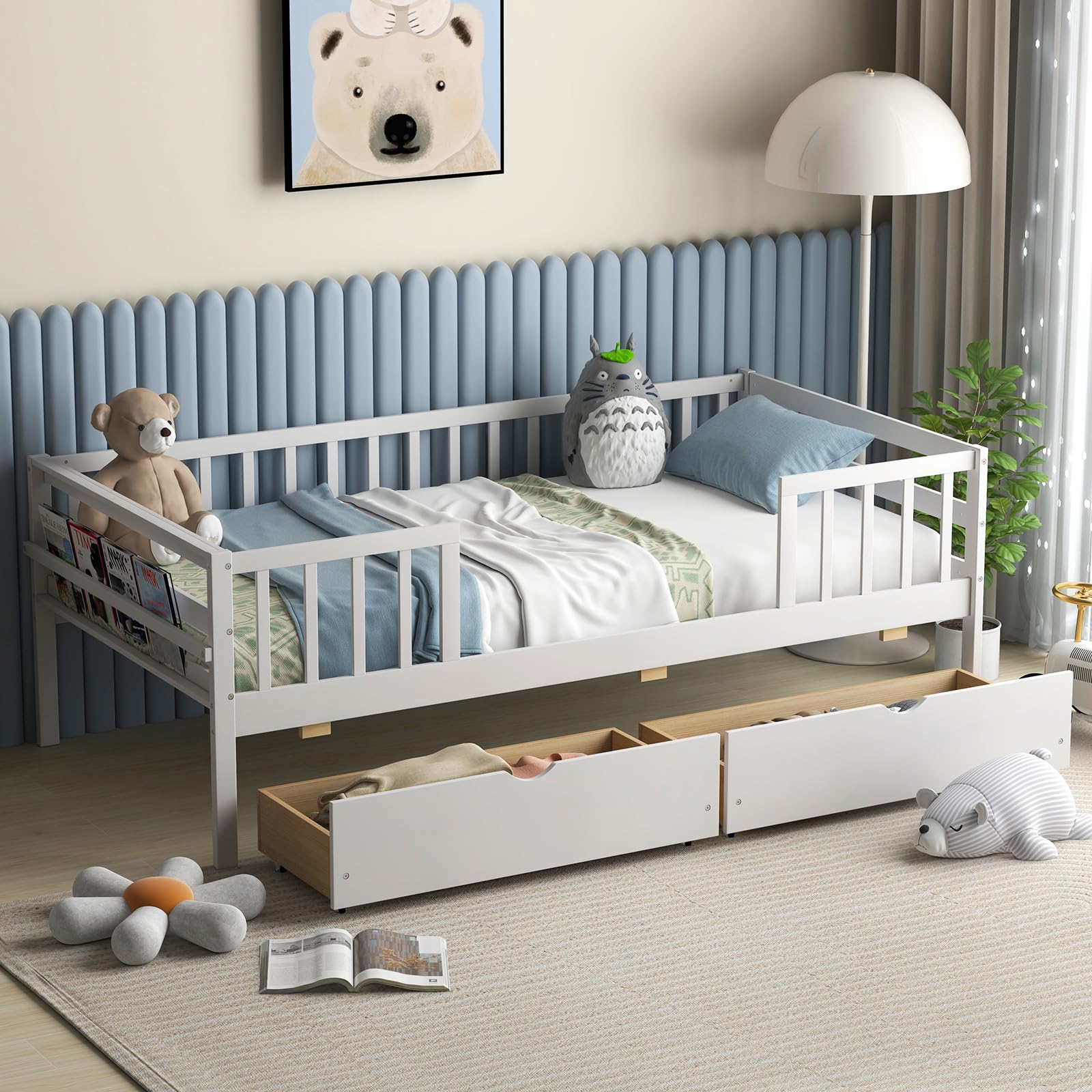 KOMFOTT Wood Twin Bed Frame with Fence Rails & 2 Pull-Out Drawers