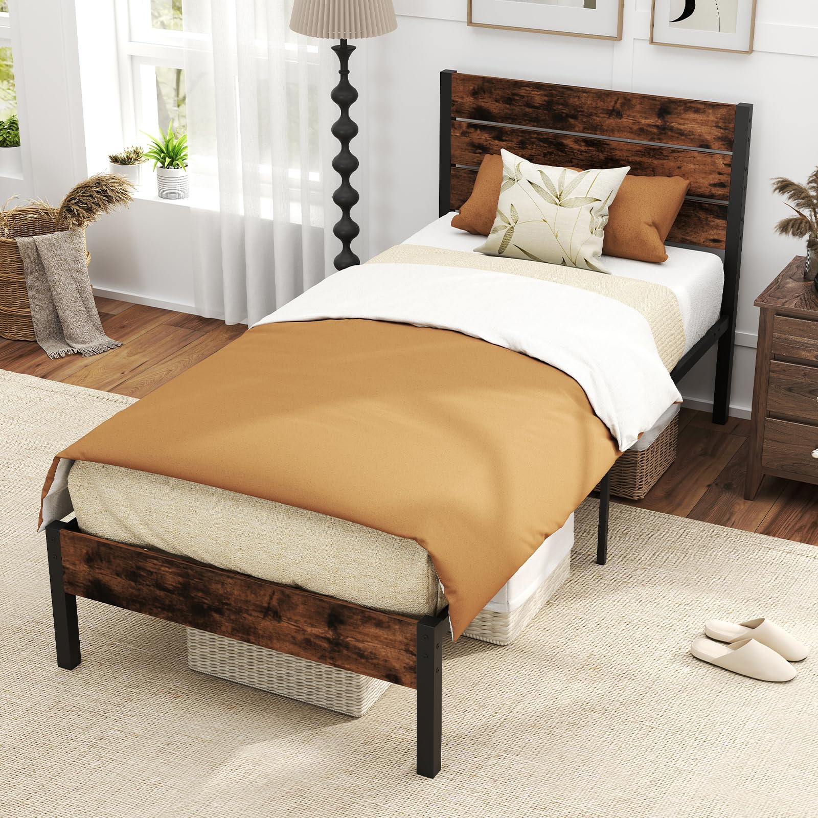 KOMFOTT  Metal Bed Frame Industrial Platform Bed Frame with Headboard