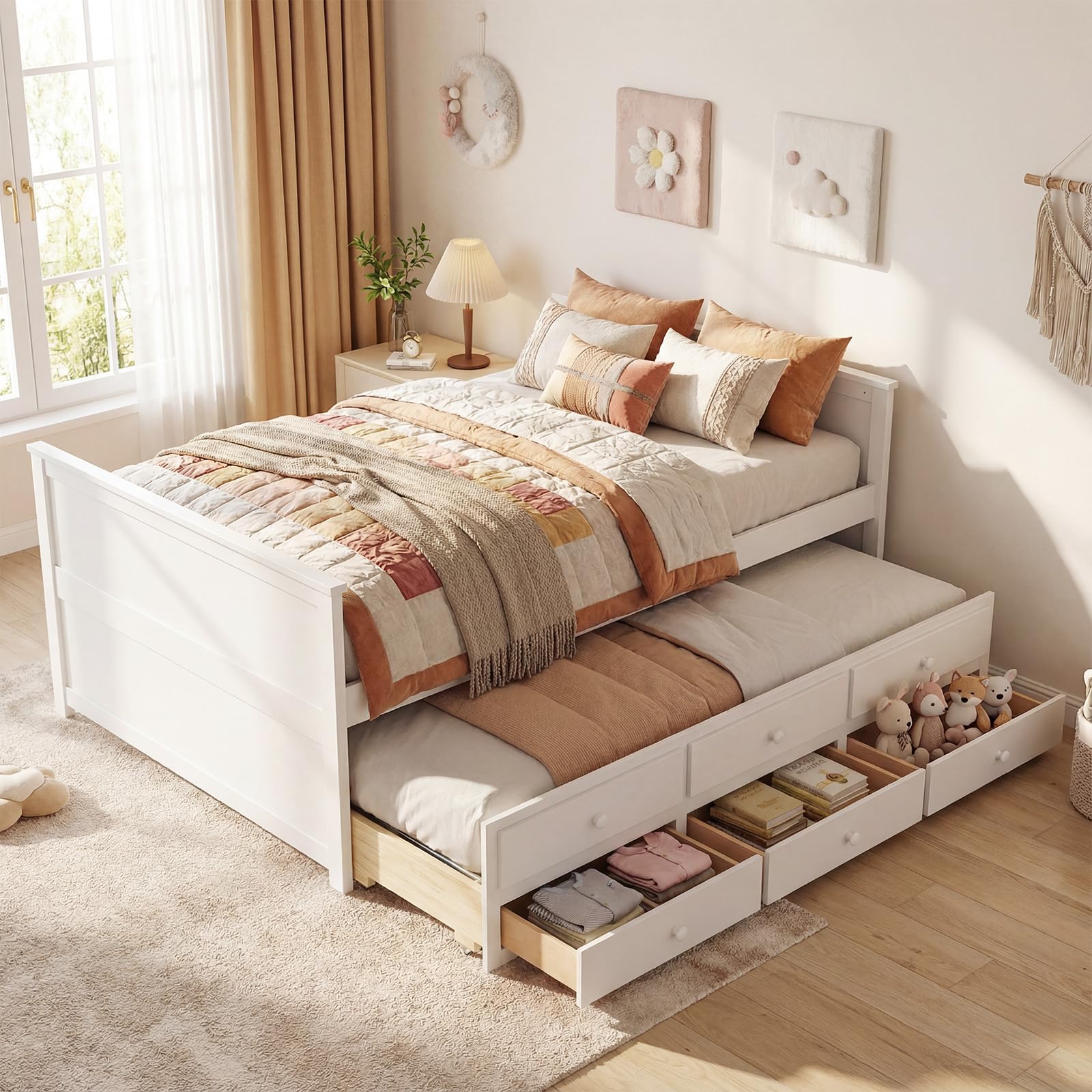 KOMFOTT Wood Full Trundle Bed with 3 Storage Drawers