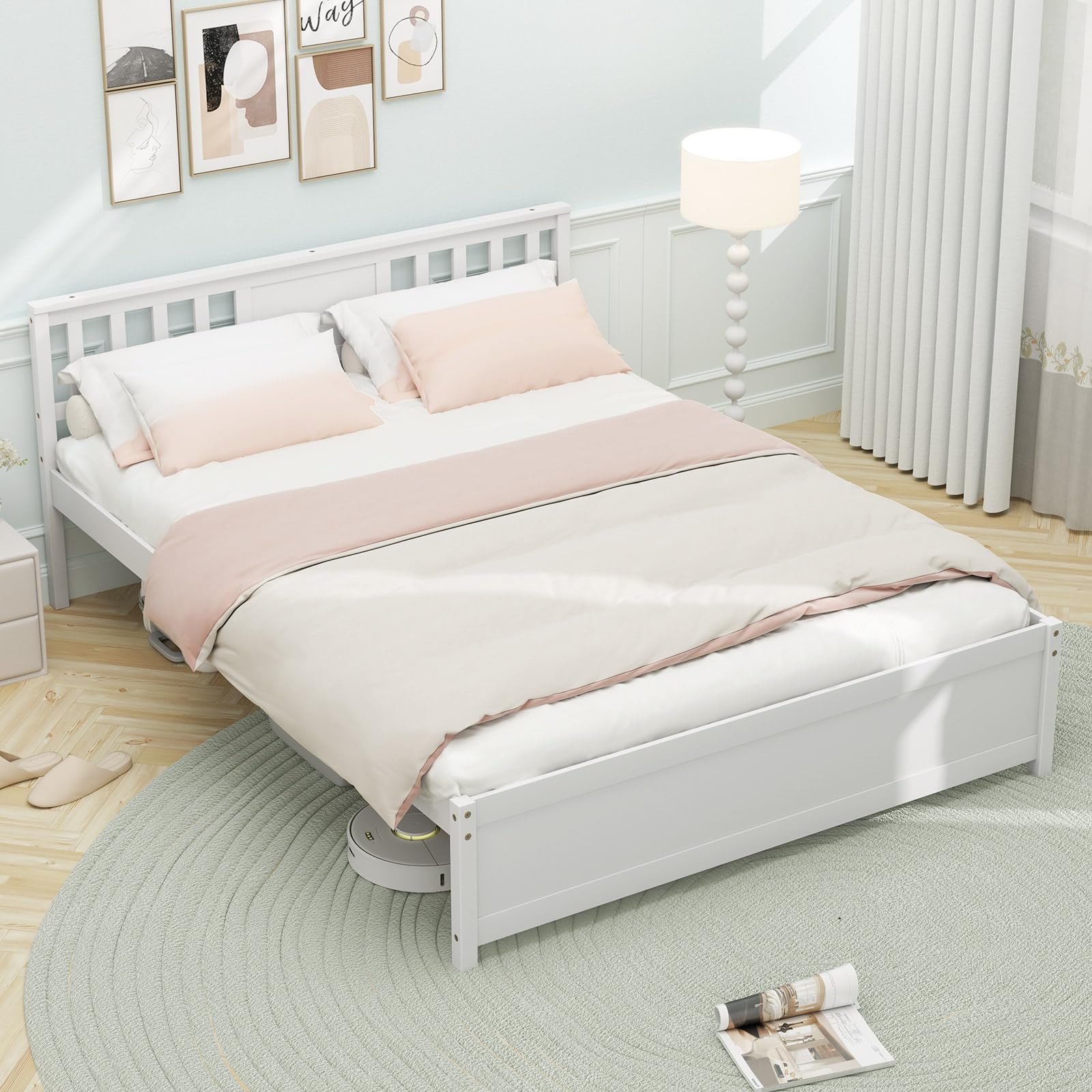 KOMFOTT  Wood Platform Bed Frame with Headboard Solid Wood Platform Bed