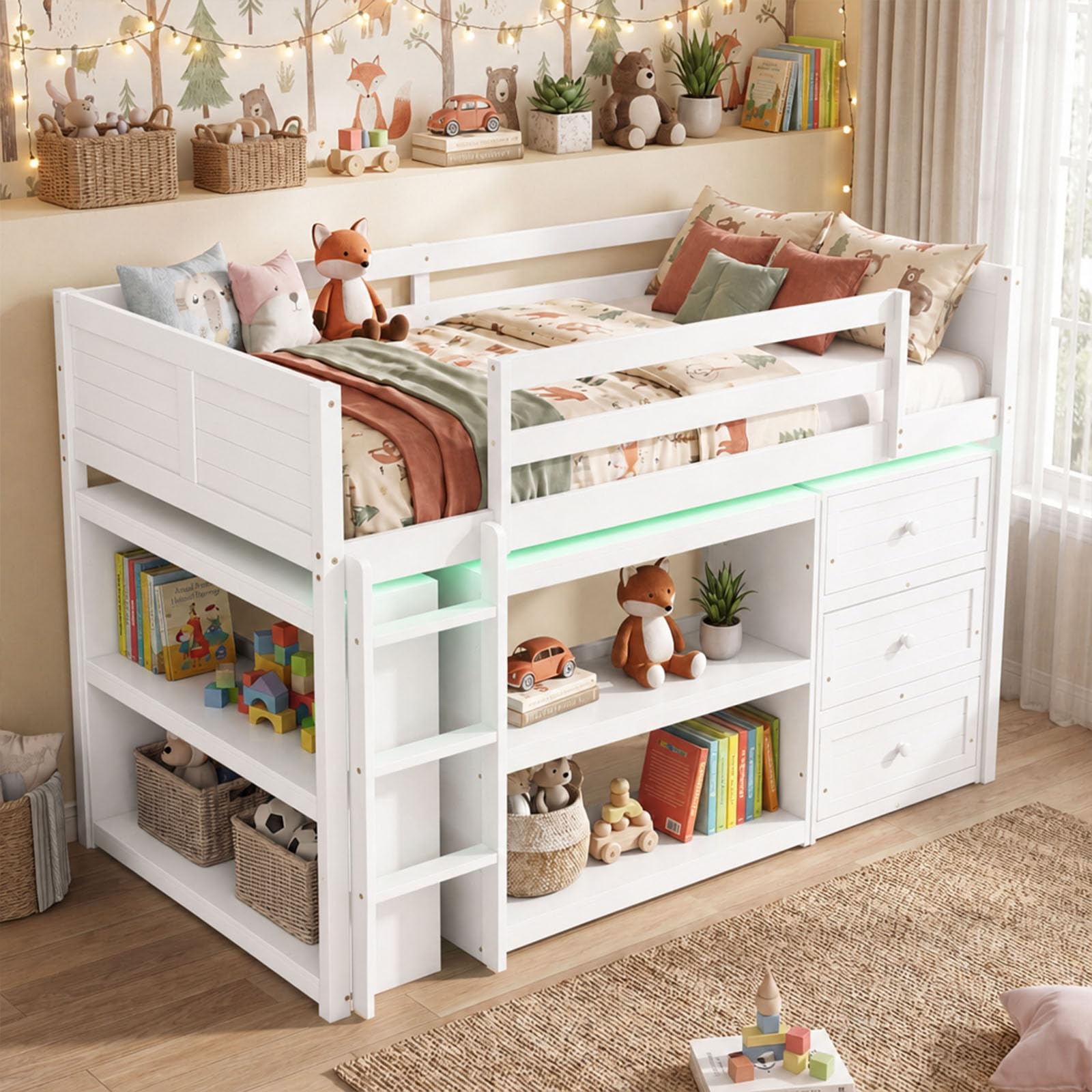 KOMFOTT Twin Low Loft Bed with LED Lights Modern Loft Bed