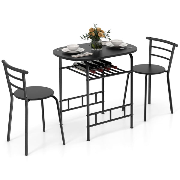 3 Piece Dining Set Compact 2 Chairs and Table Set with Metal Frame and Shelf Storage