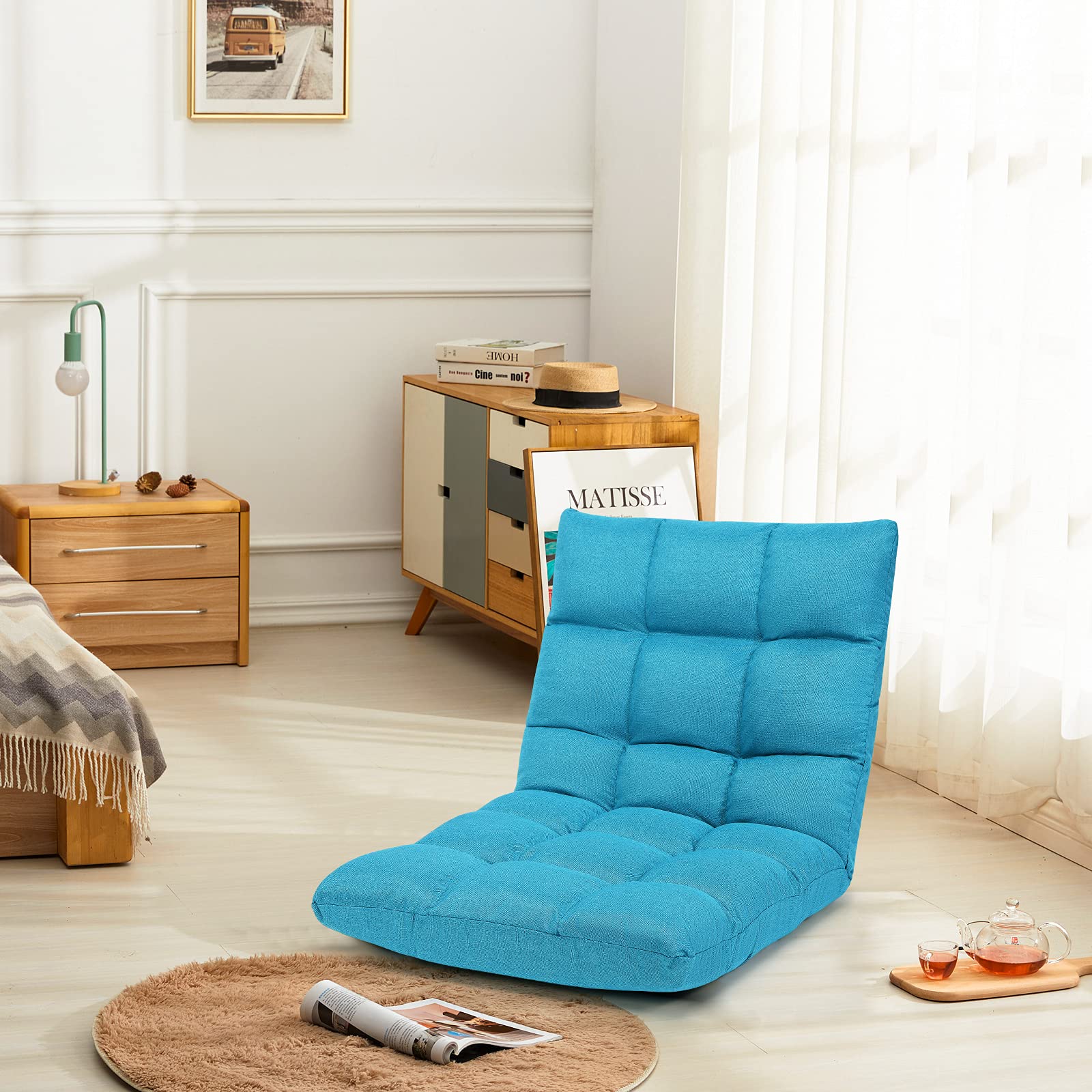 KOMFOTT Folding Gaming Floor Chair Adjustable 14 Position Floor Sofa with Back Support Peacock Blue