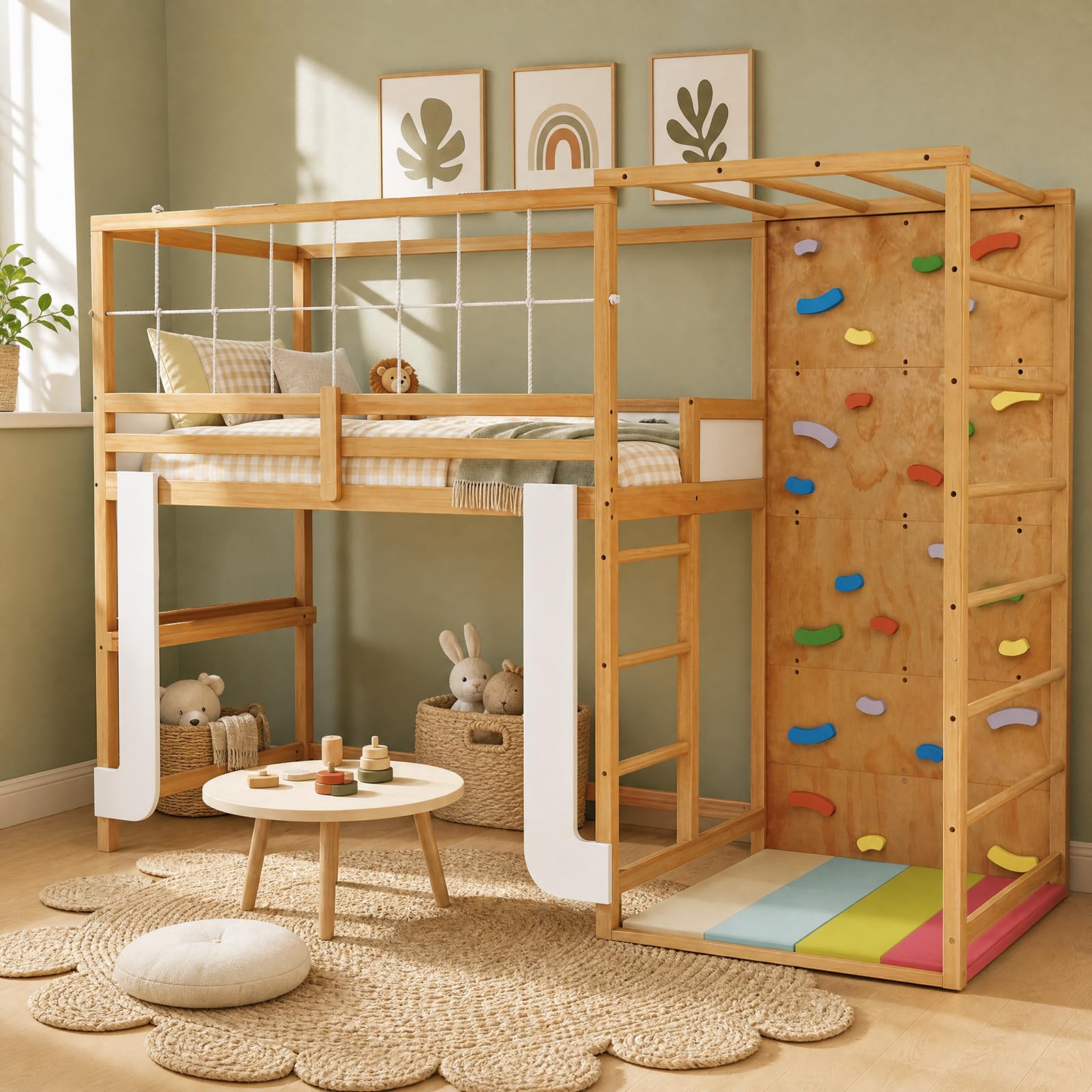 KOMFOTT Twin Bunk Bed with Jungle Gym Kids Loft Bed with Rock Wall