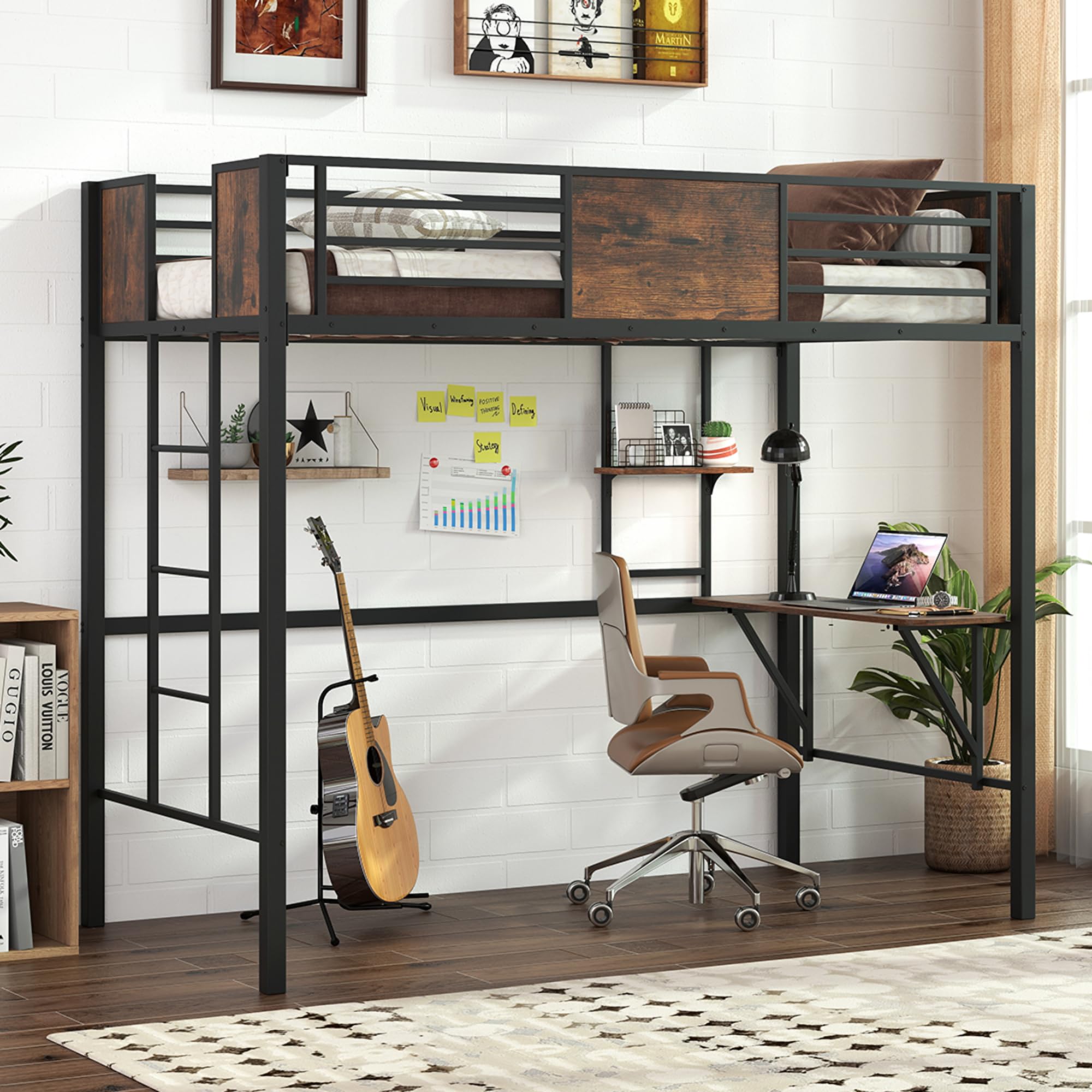 KOMFOTT Twin Size Loft Bed with Desk & Storage Shelf