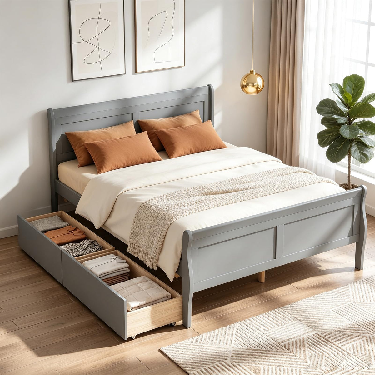 KOMFOTT Twin Size Sleigh Wood Bed Frame with 2 Storage Drawers