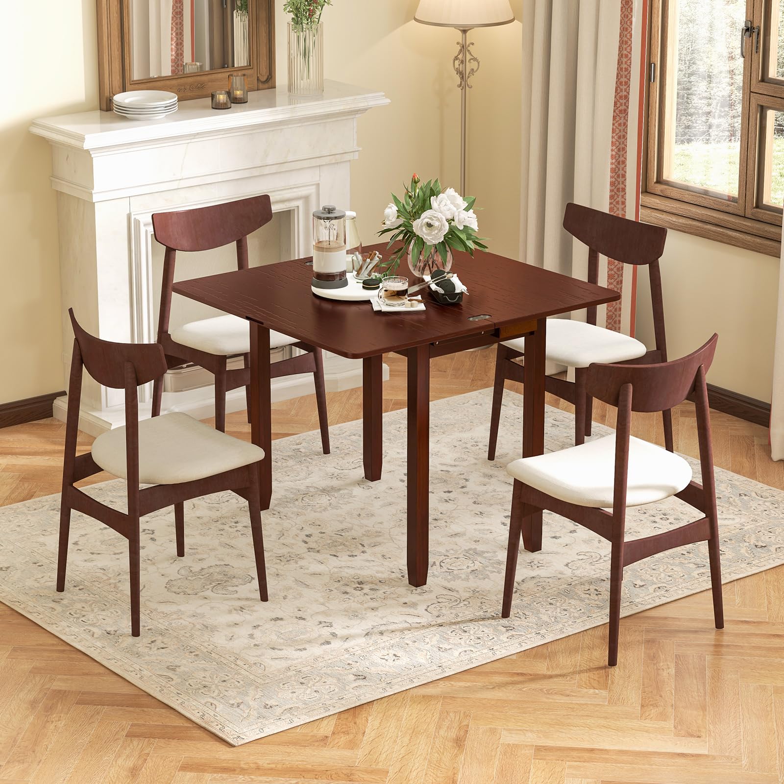 KOMFOTT Folding Dining Table for 4, Extendable Kitchen Table w/Hidden Storage & Rubber Wood Frame