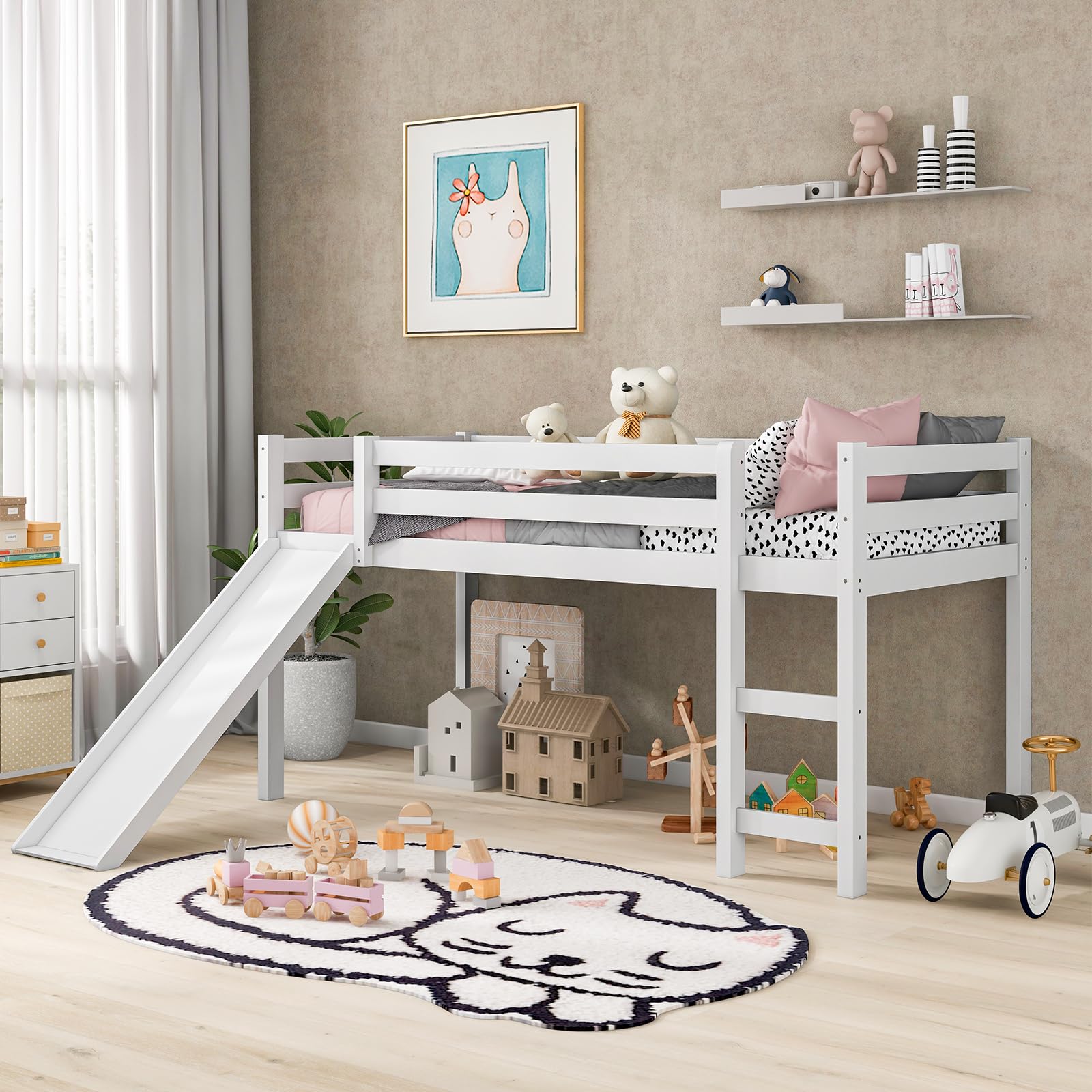KOMFOTT Twin Size Wood Low Loft Bed with Slide, Ladder & Guard Rail