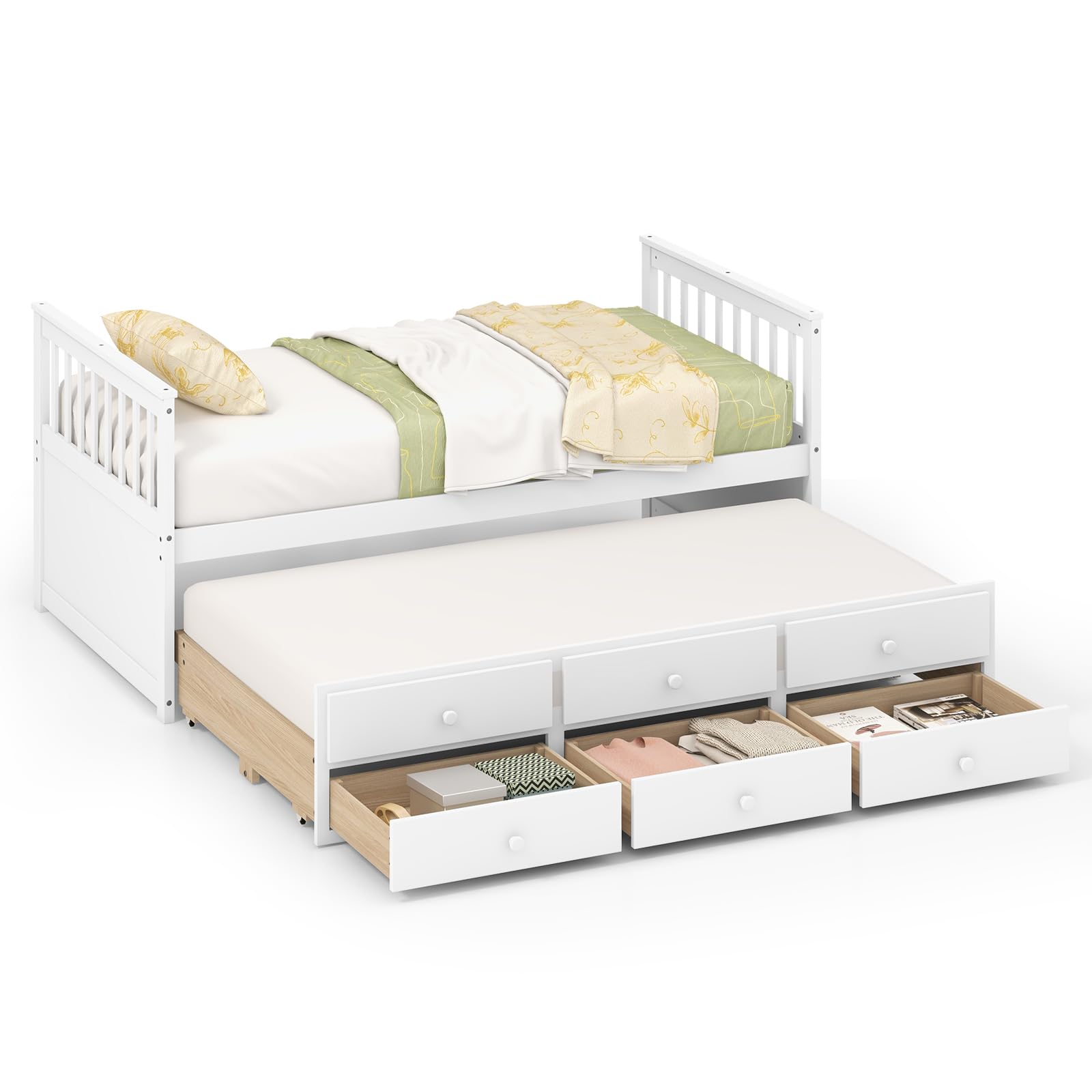 KOMFOTT Twin Captain’s Bed with Trundle Bed, Wood Storage Daybed with 3 Storage Drawers