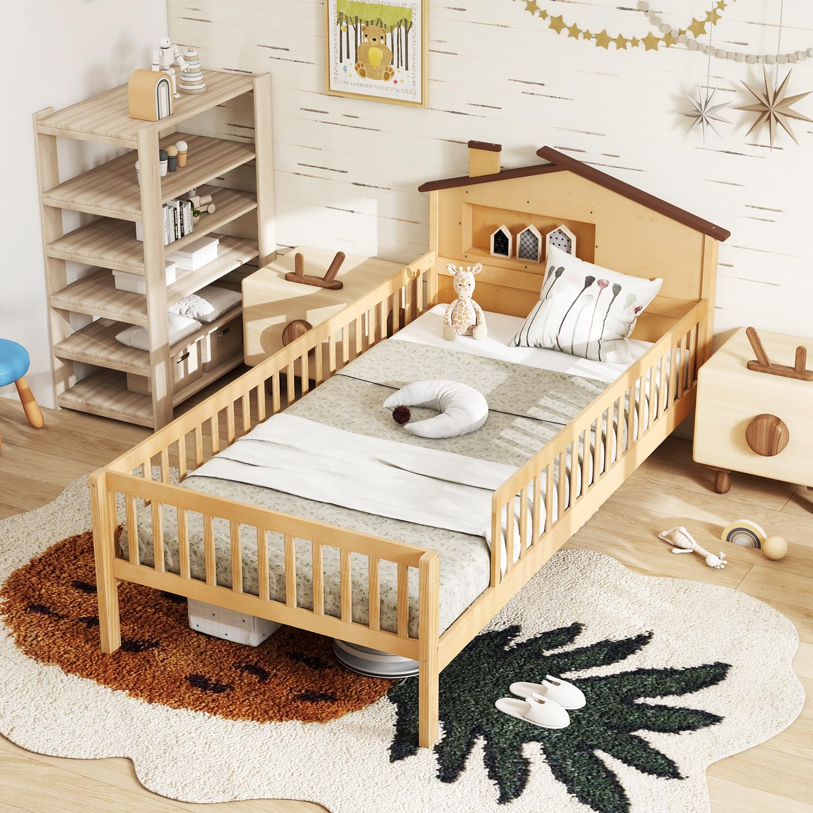 KOMFOTT Twin Size Bed Frame with House Shaped Headboard