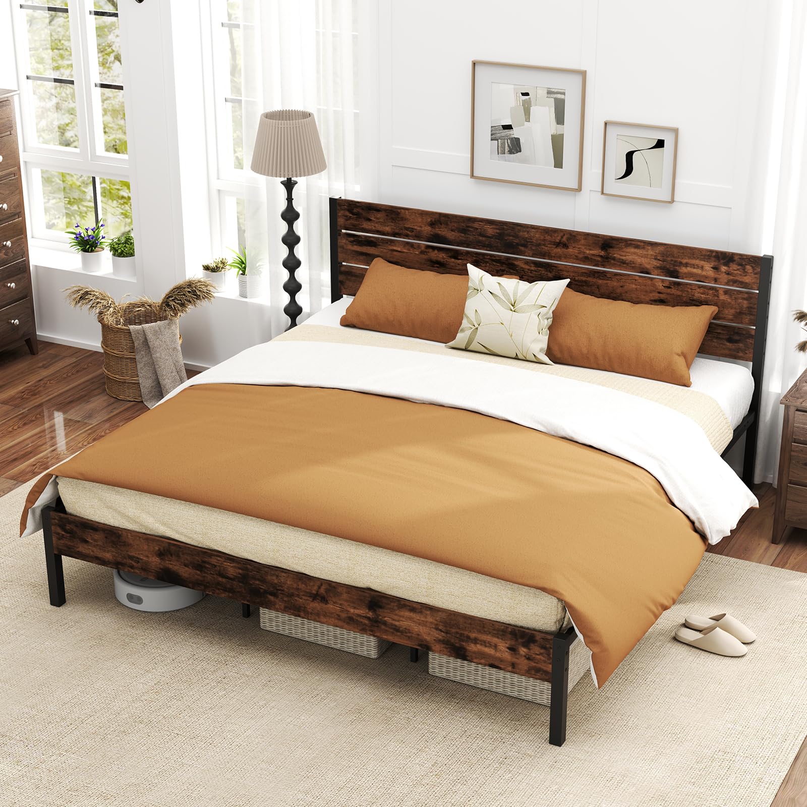 KOMFOTT  Metal Bed Frame Industrial Platform Bed Frame with Headboard