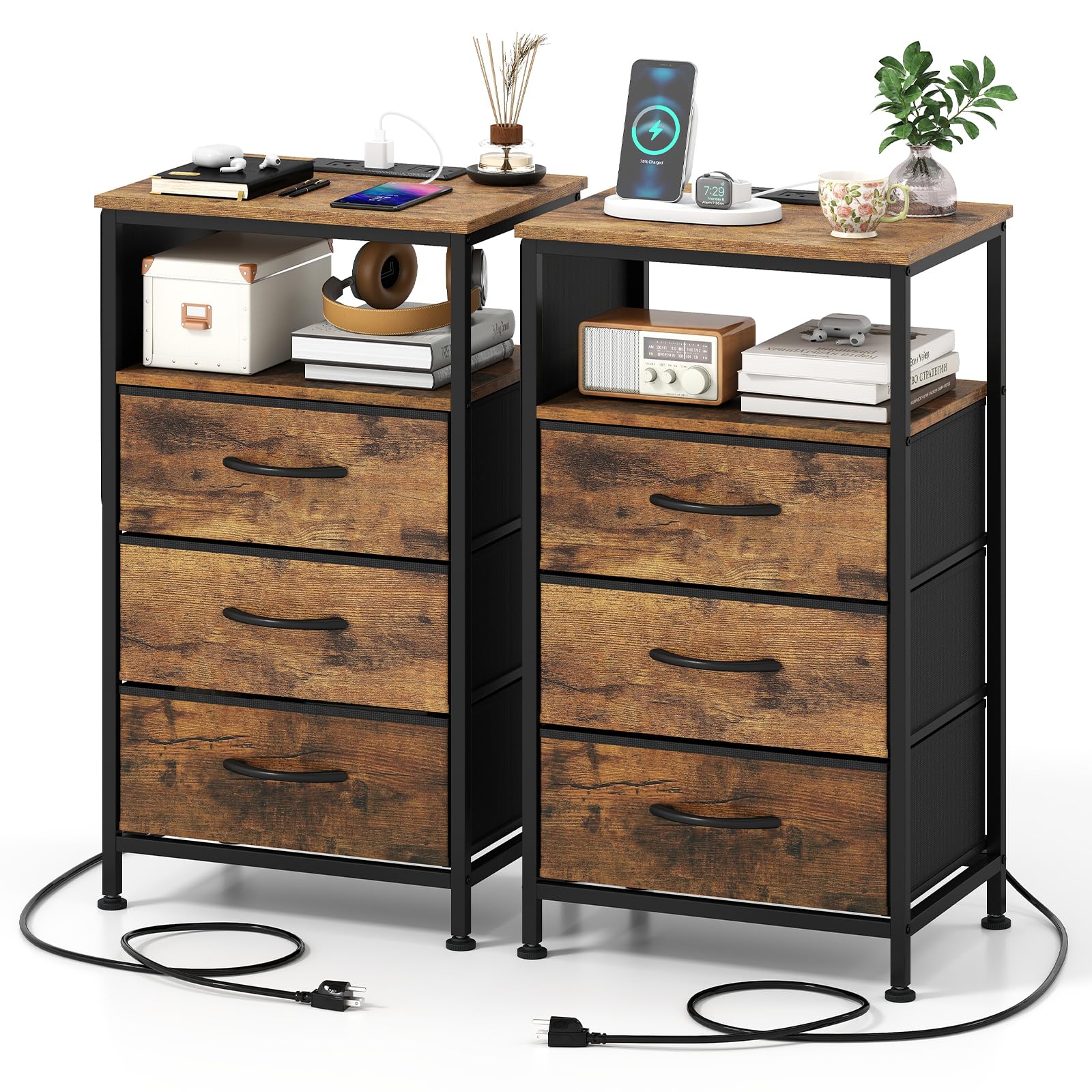 KOMFOTT 1/2 Nightstand with Charging Station 27.5" Modern Bedside Table ( 3 Drawers)