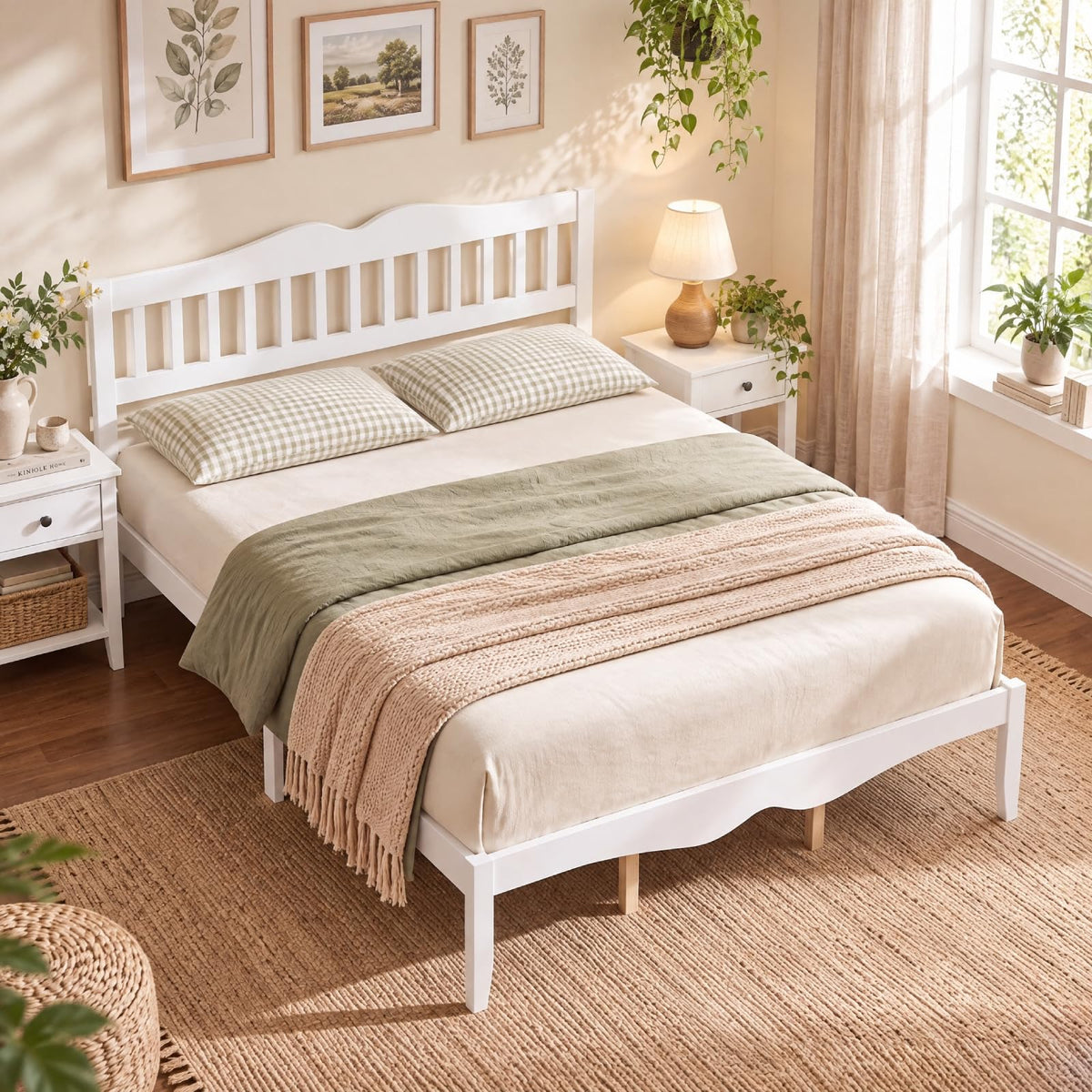 KOMFOTT Full/Queen  Size Bed Frame Farmhouse Wooden Bed with Slatted Headboard(Curved Slatted Headboard)