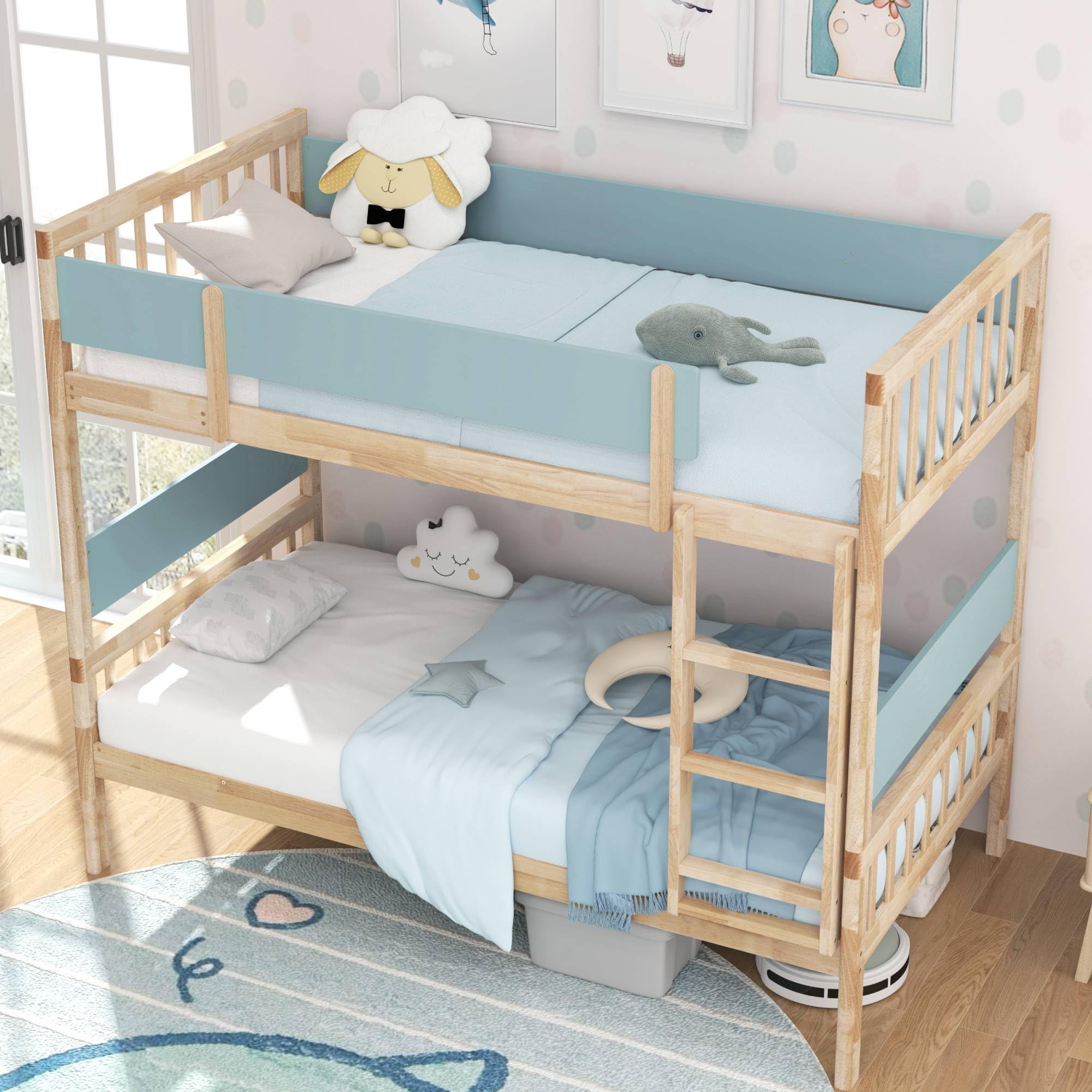 KOMFOTT Wood Twin Over Twin Bunk Bed Convertible Bed Frame