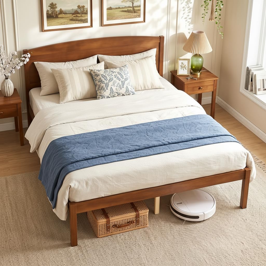 KOMFOTT Full/Twin/King/Queen Size Bed Frame Wooden Platform Bed with Curved Headboard