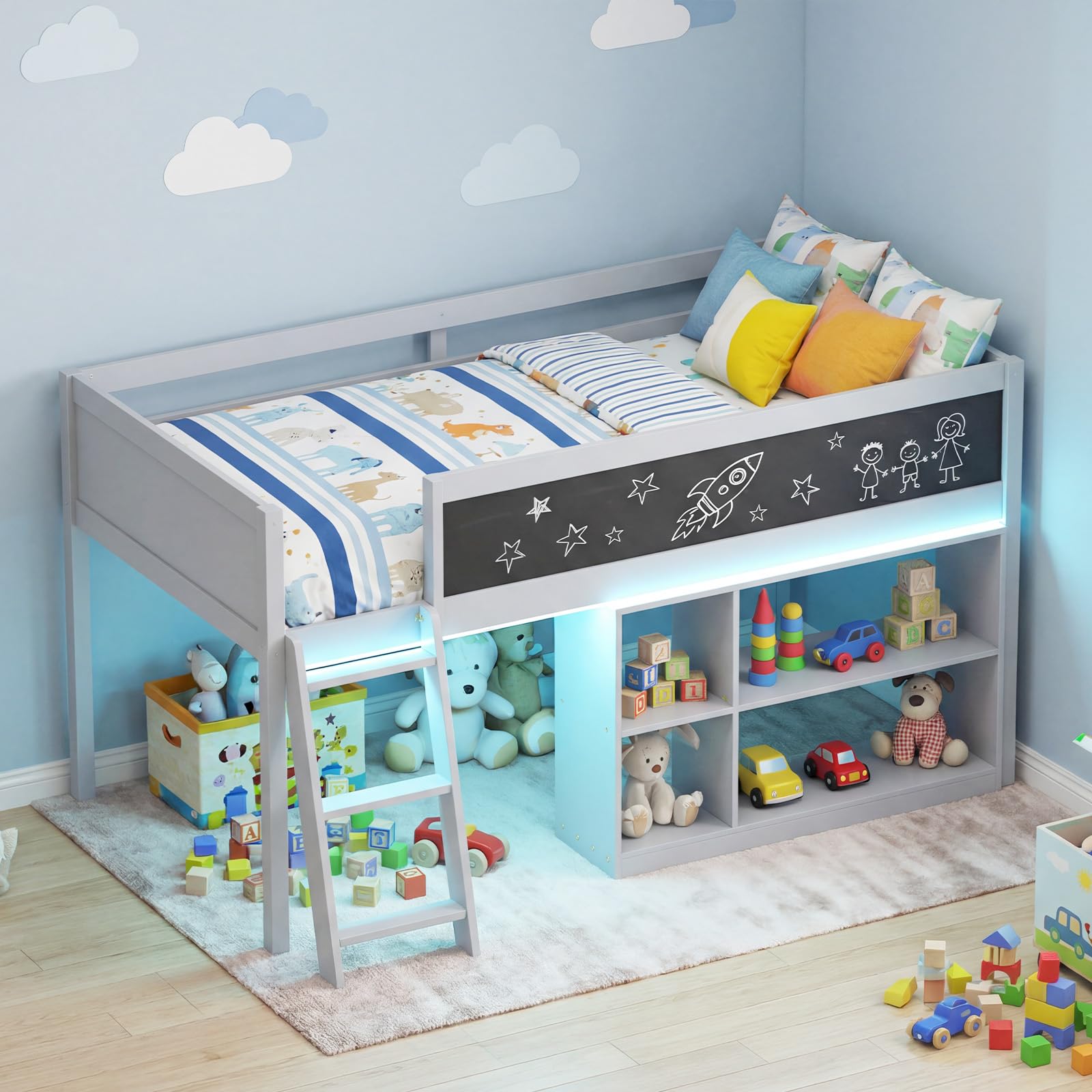 KOMFOTT Twin Size Low Loft Bed with LED Lights