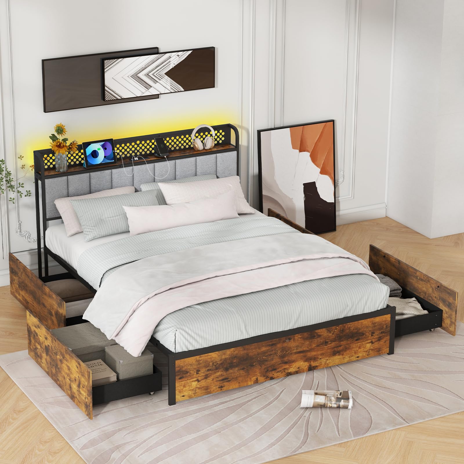KOMFOTT Industrial LED Bed Frame with 4 Storage Drawers & Charging Station