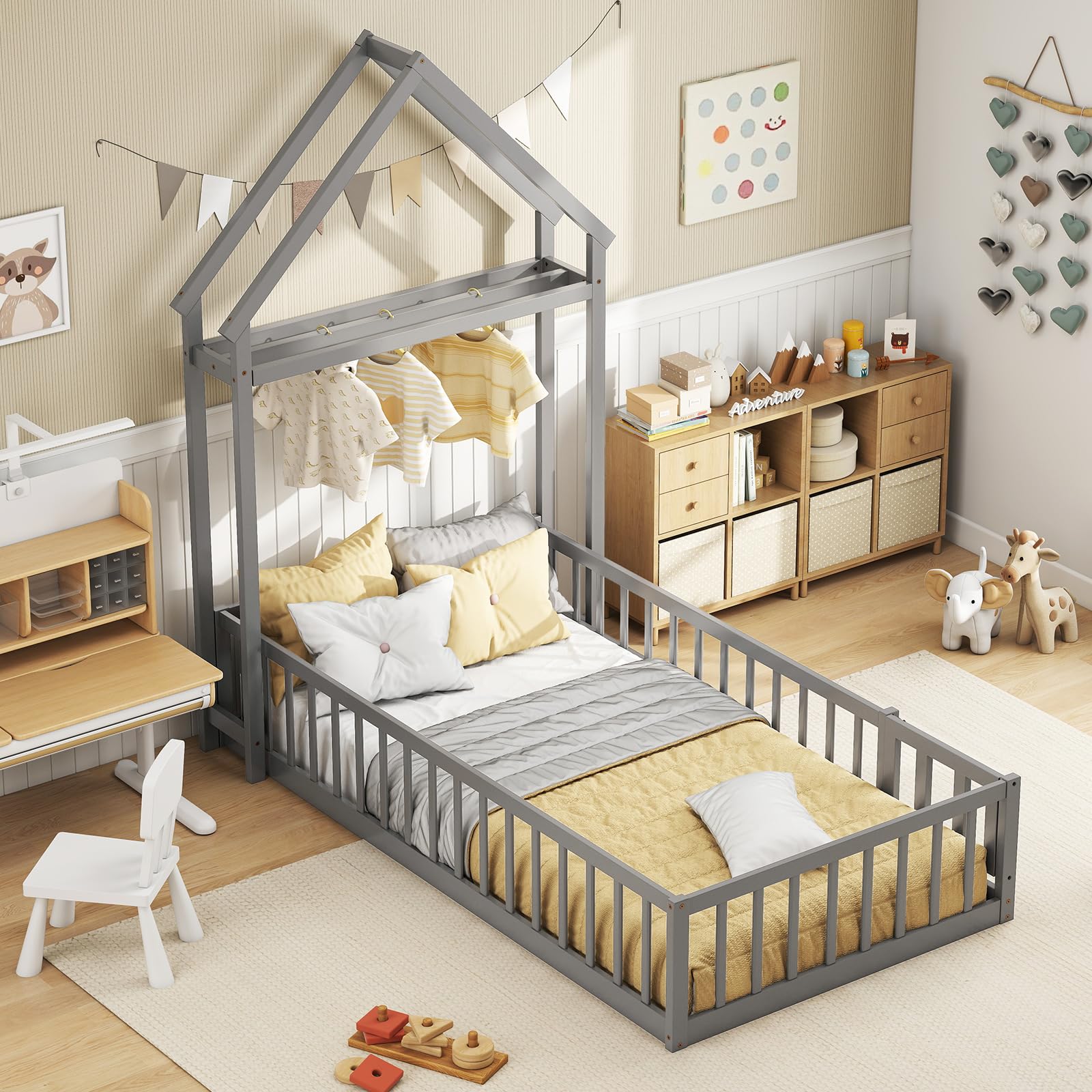 KOMFOTT Twin Size Floor Bed with House-Shaped Headboard（Twin with Headboard）