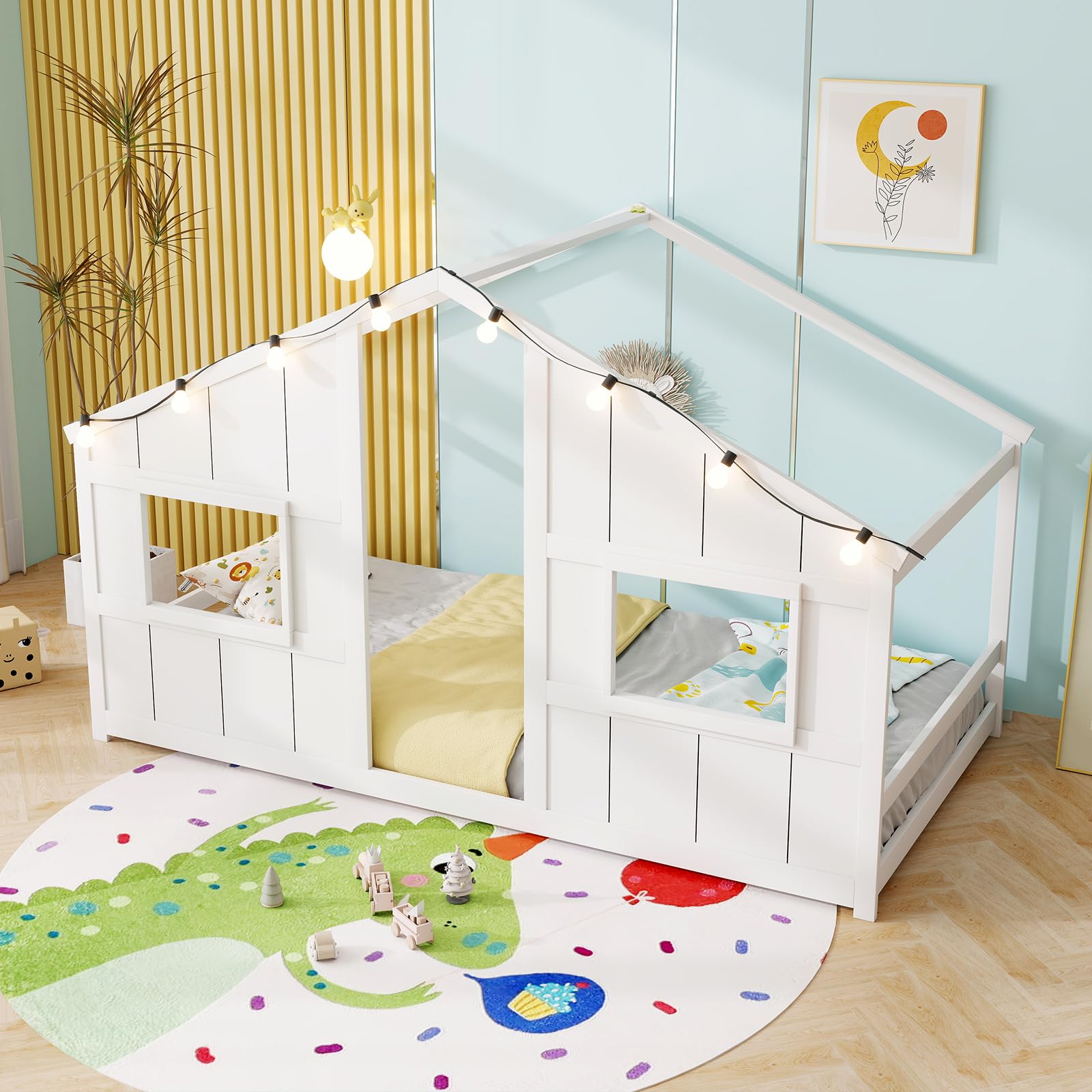 KOMFOTT Twin Floor House Bed with LED Lights