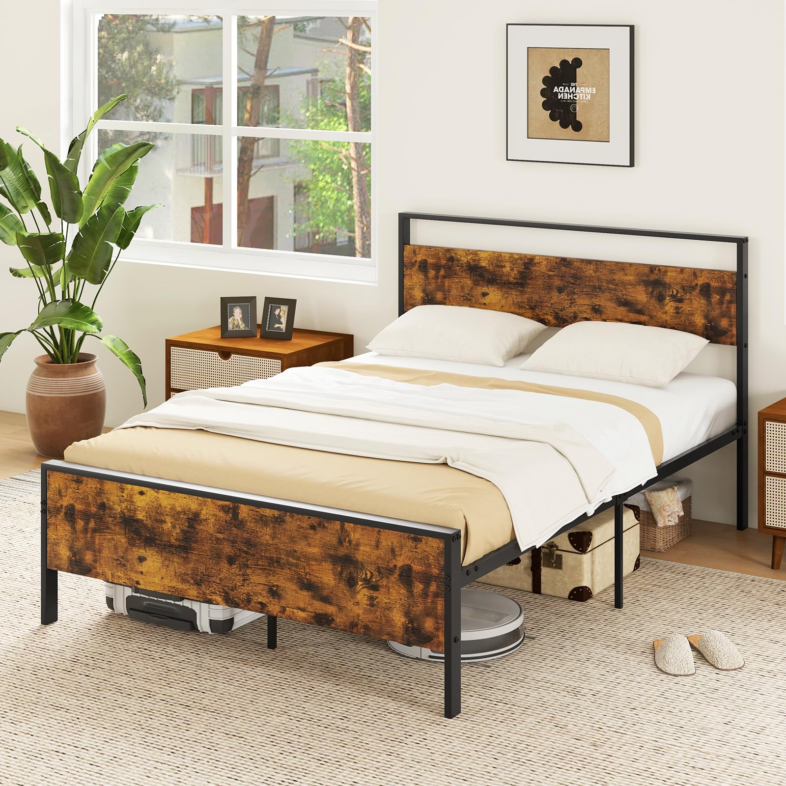 KOMFOTT  Metal Bed Frame with Footboard & Headboard  Heavy-Duty Platform Bed
