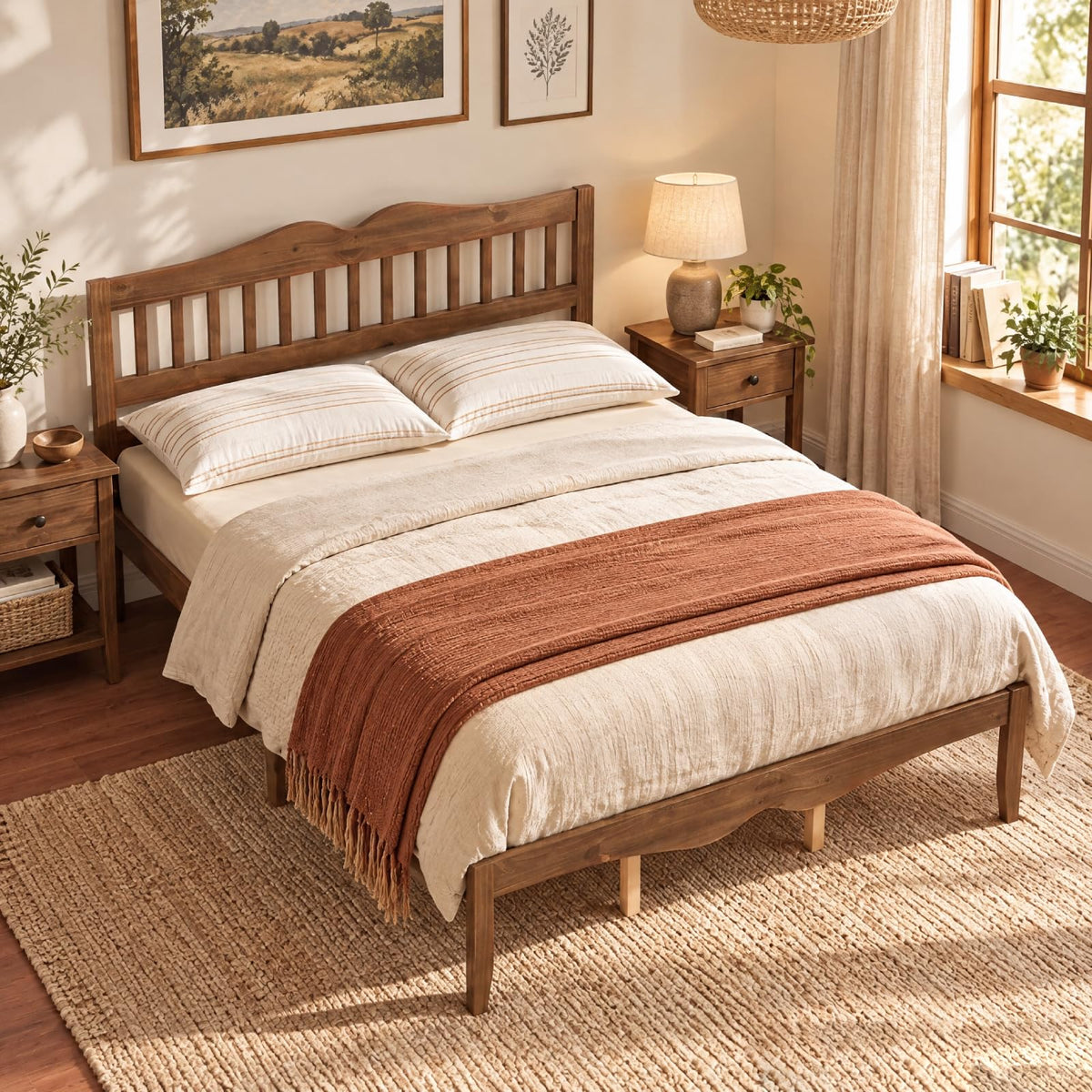 KOMFOTT Full/Queen  Size Bed Frame Farmhouse Wooden Bed with Slatted Headboard(Curved Slatted Headboard)