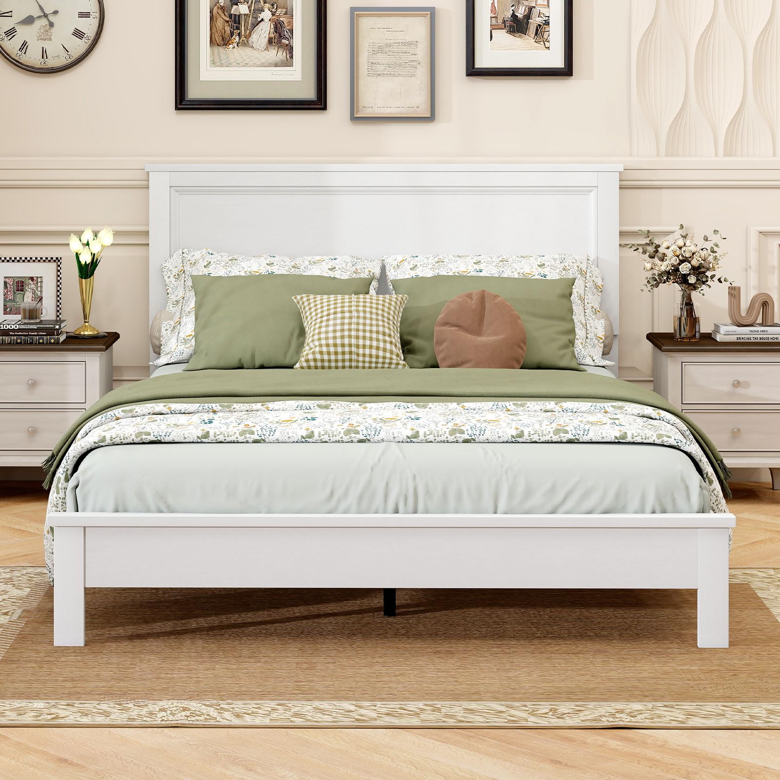KOMFOTT Mid-Century Modern Platform Bed with Headboard, Solid Wood Legs