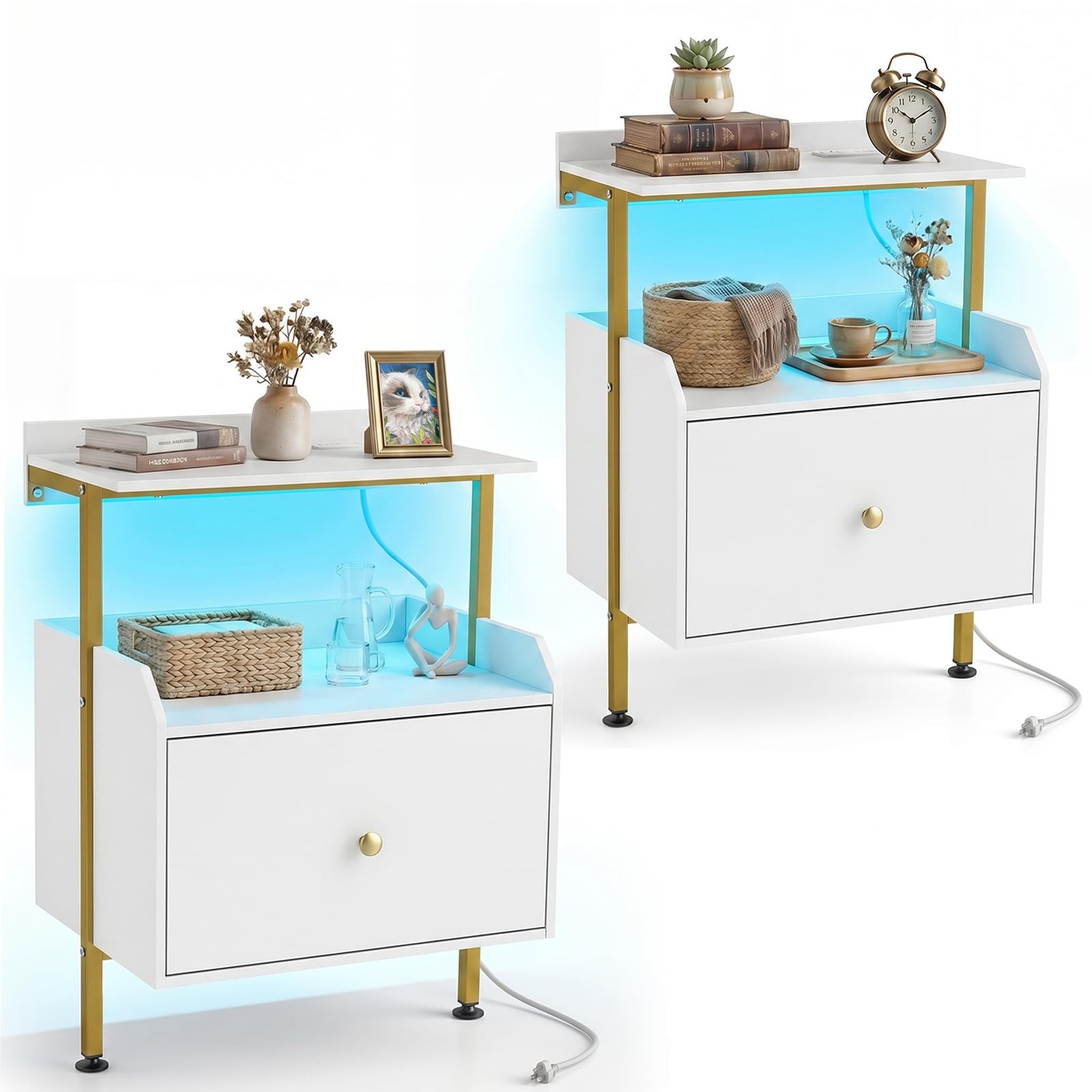 KOMFOTT Nightstand with LED Lights & Charging Station (21" x 16" x 29.5")