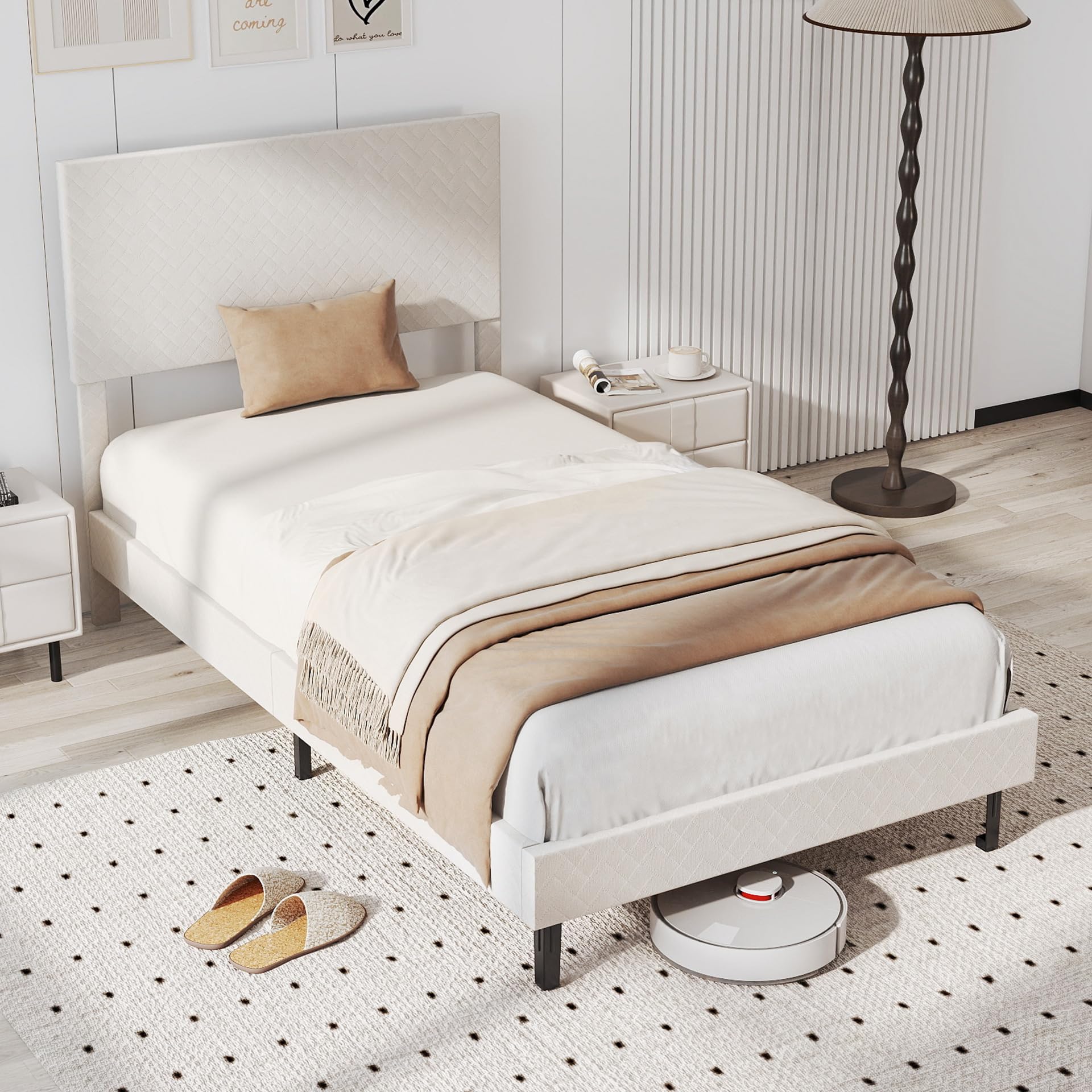 KOMFOTT Bed Frame with Height Adjustable Linen Headboard