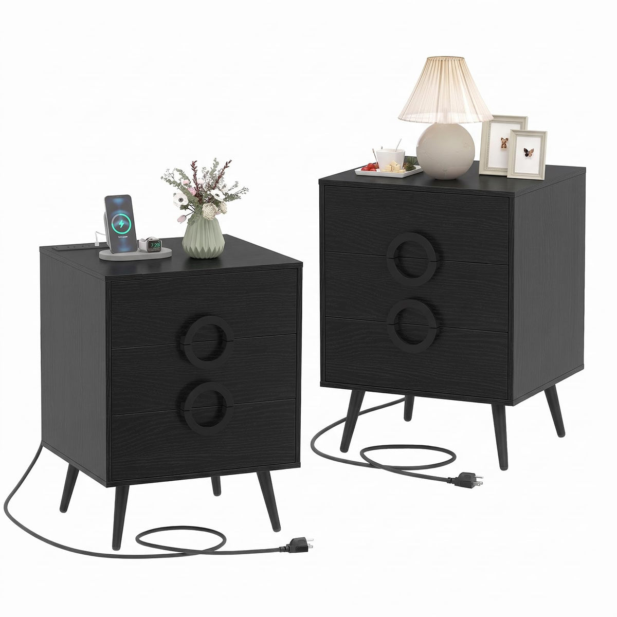 KOMFOTT Nightstand with 3 Drawers Bedside Table w/ Charging Station(18" x 16" x 23.5")
