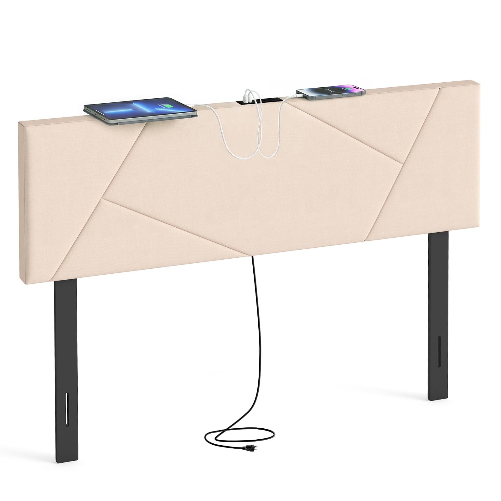 KOMFOTT Upholstered Full & Queen Headboard with Charging Station(Geometric Channel）