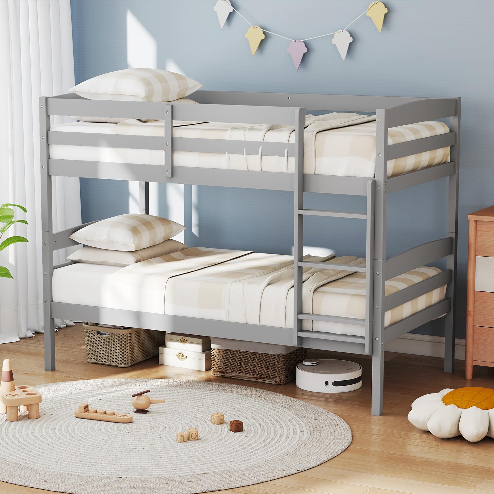 KOMFOTT Twin Over Twin Wood Bunk Bed, Converts to 2 Individual Beds