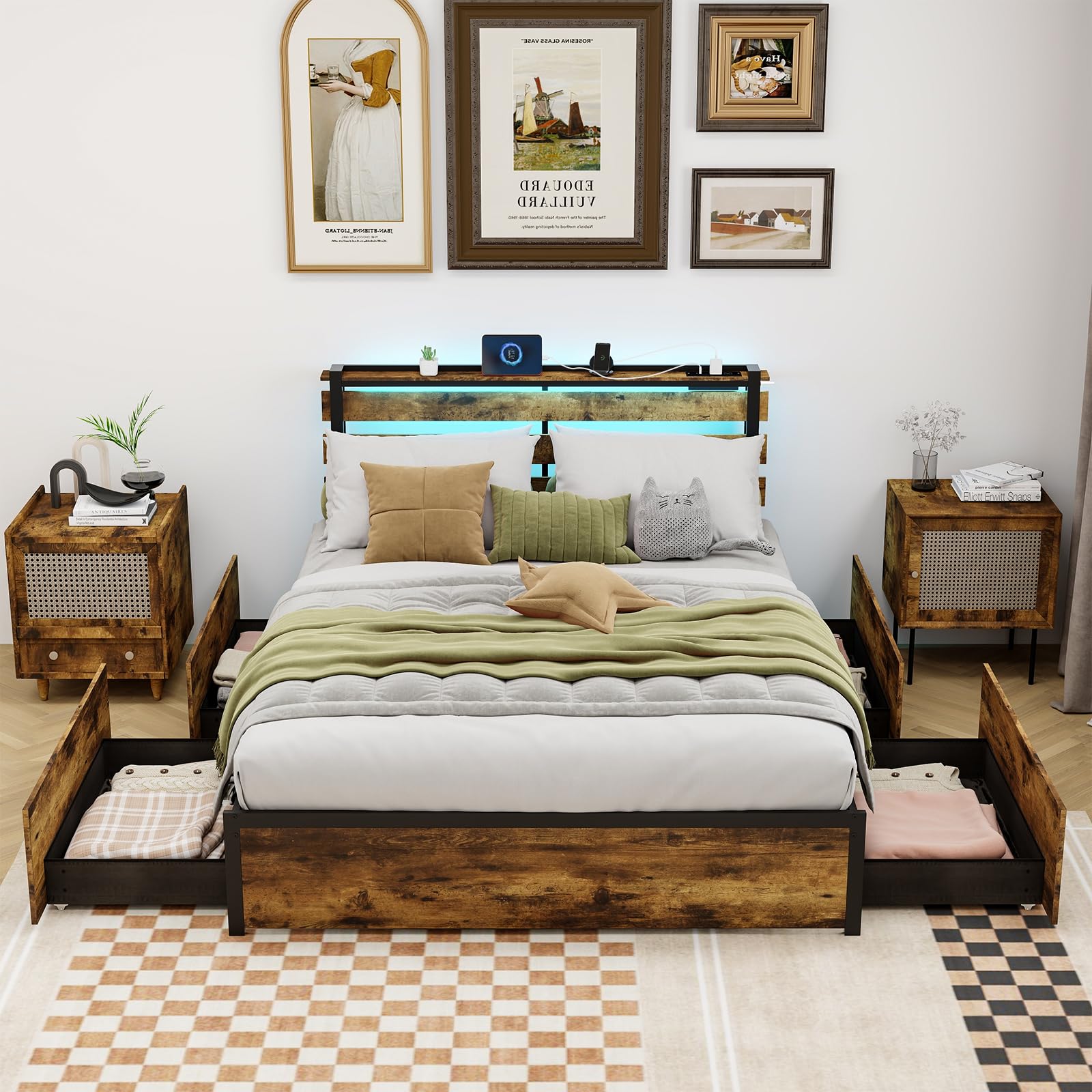 KOMFOTT Industrial Bed Frame with 4 Drawers & LED Lights Headboard