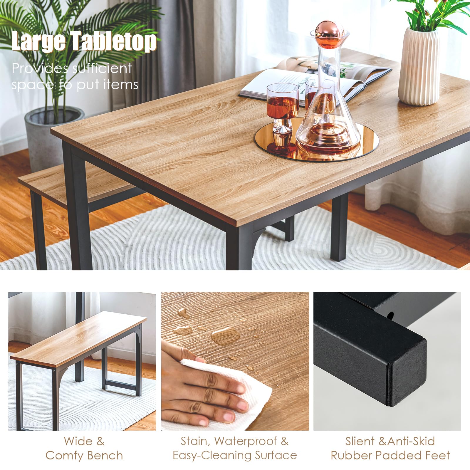 KOMFOTT Dining Table Set for 4, 3-Piece Kitchen Table with 2 Benches