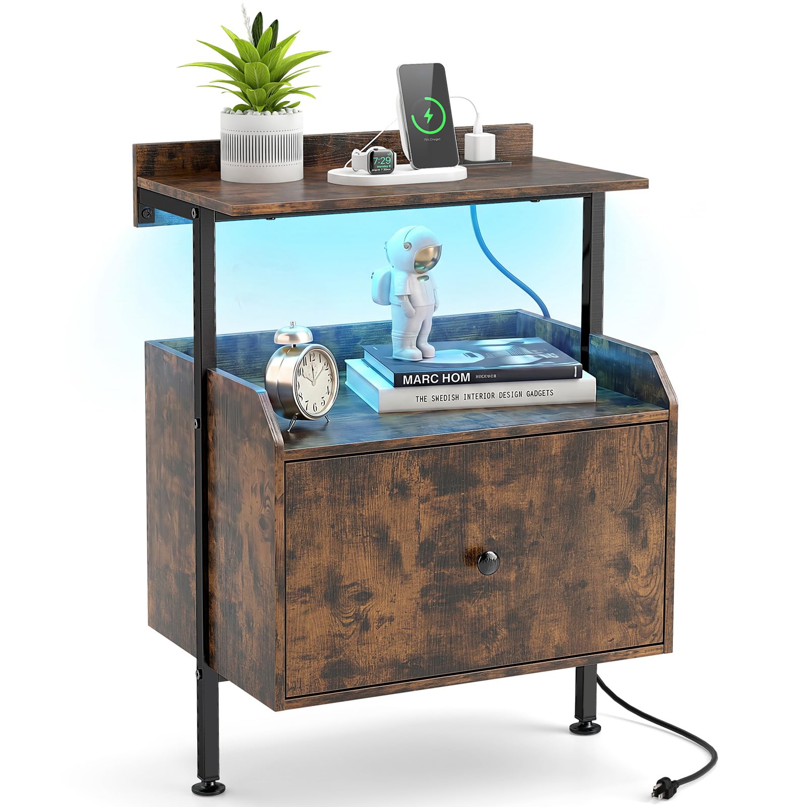 KOMFOTT Nightstand with LED Lights & Charging Station (21" x 16" x 29.5")
