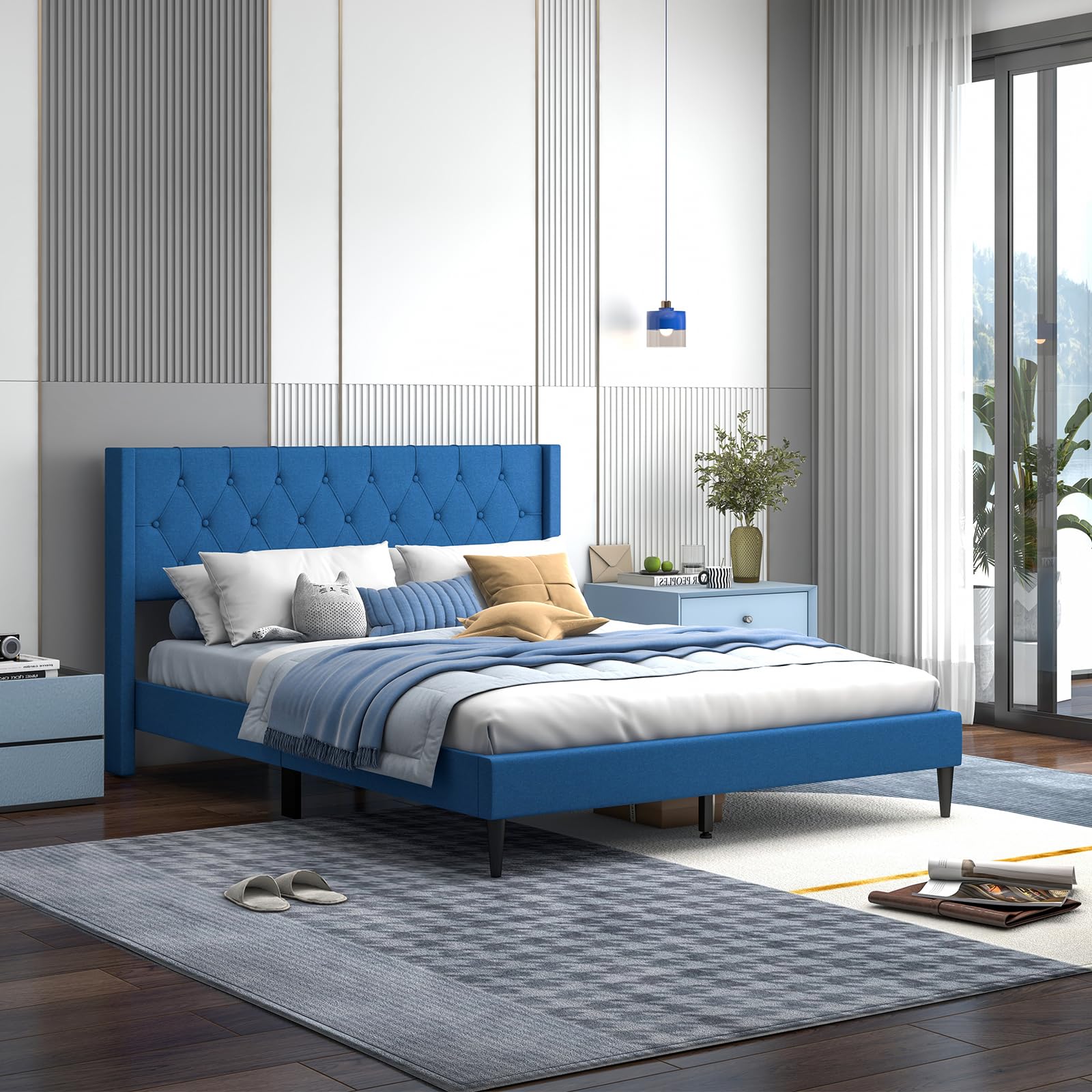 KOMFOTT Upholstered Platform Bed with Button Tufted Wingback Headboard