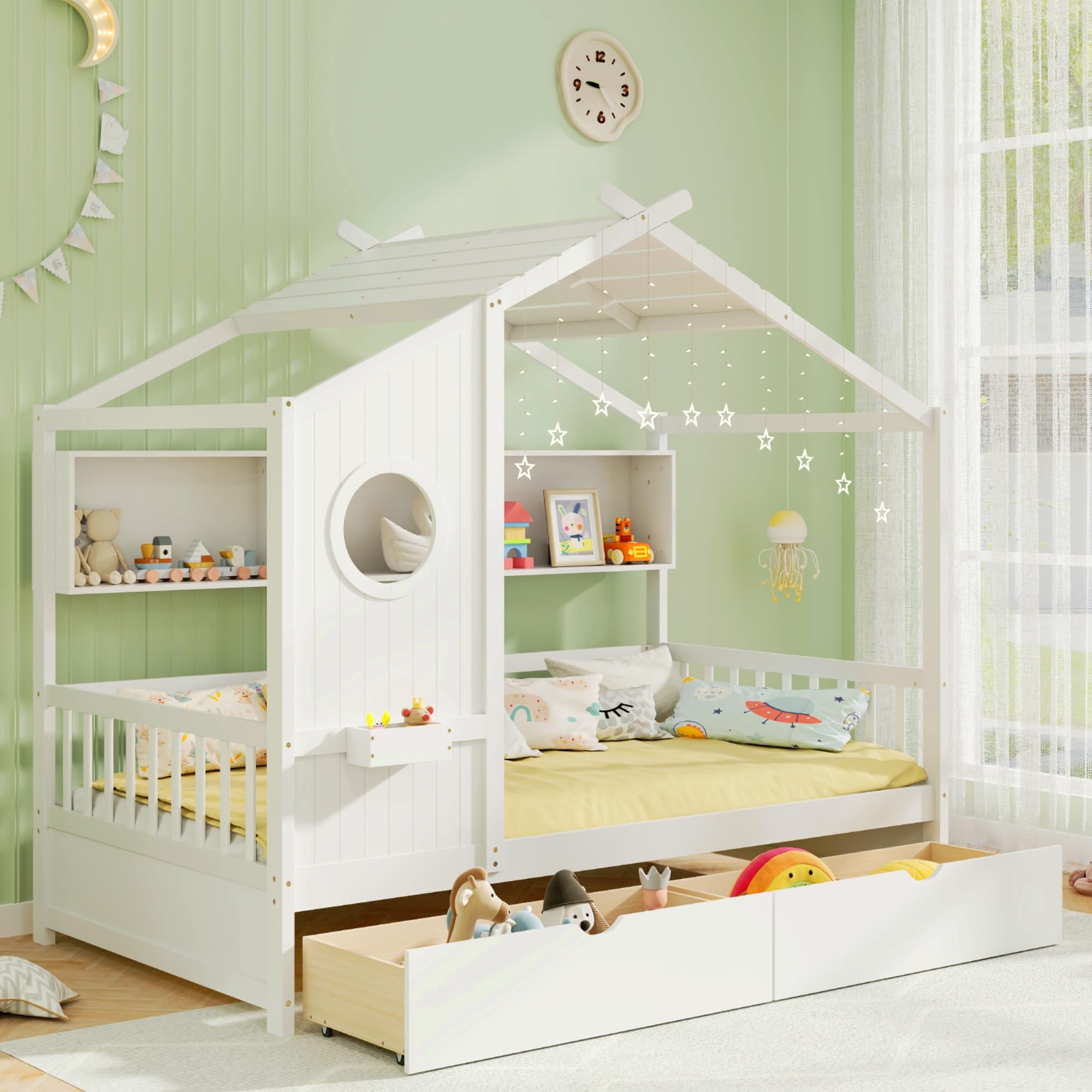 KOMFOTT Twin Size Wood House Bed with 2 Drawers(Twin with Drawers)