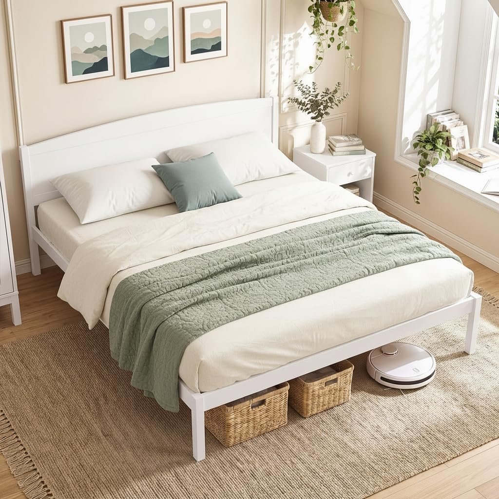 KOMFOTT Full/Twin/King/Queen Size Bed Frame Wooden Platform Bed with Curved Headboard