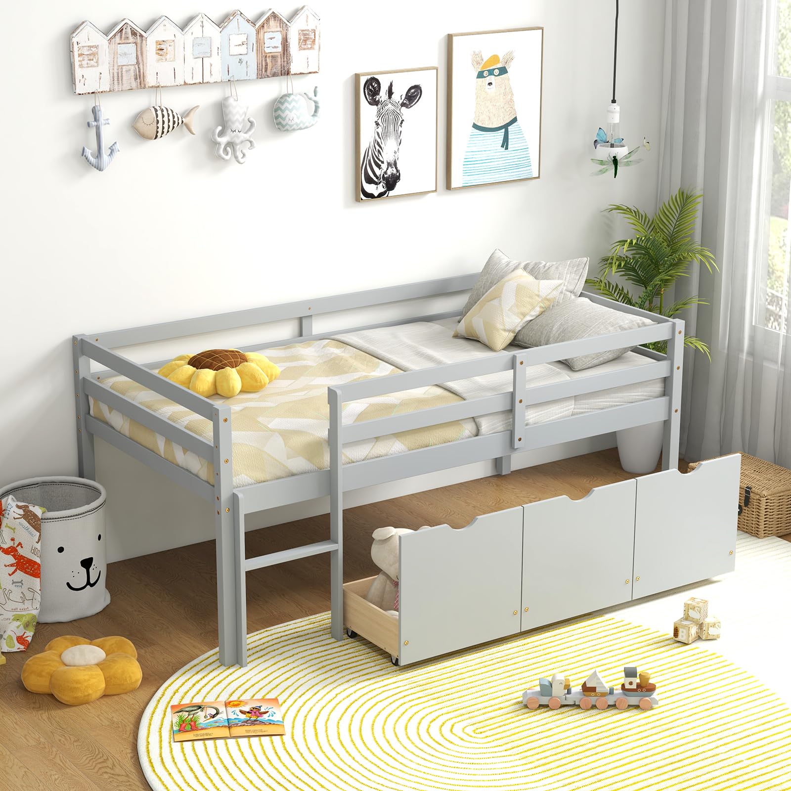 KOMFOTT Twin Low Loft Bed with 3 Storage Drawers