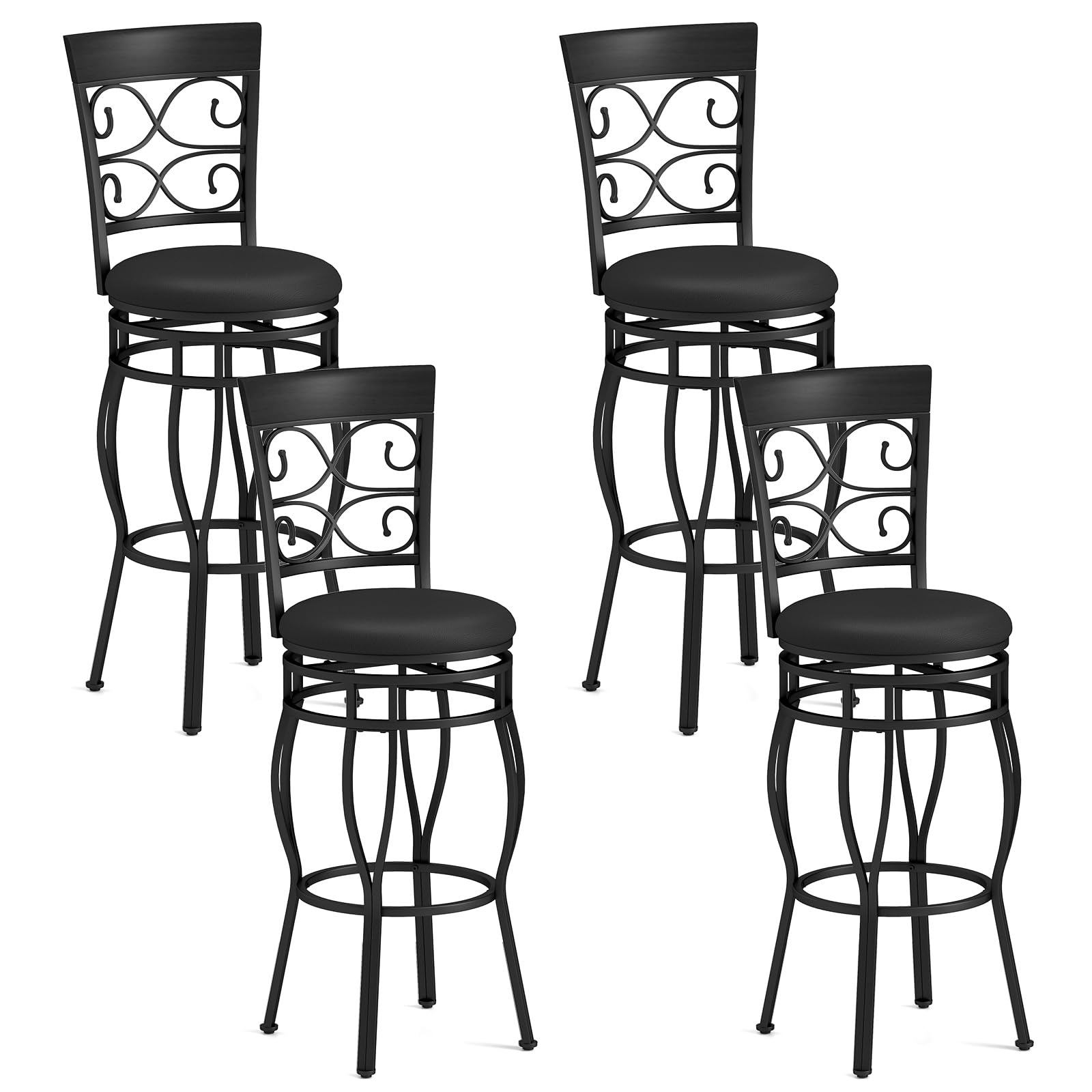 KOMFOTT Swivel Bar Stools Set of 2/4, Counter Height Bar Stools with Back, Upholstered PU Leather Seat, Footrest