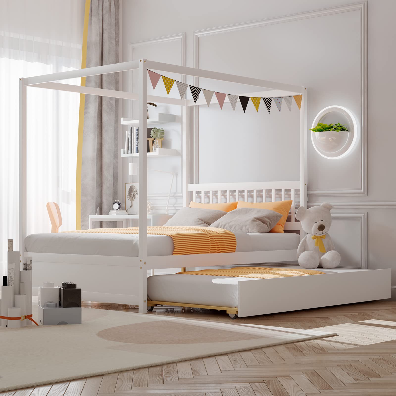 KOMFOTT Wood Canopy Bunk Bed with Trundle, Full Size Solid Wood Platform Bed with Headboard