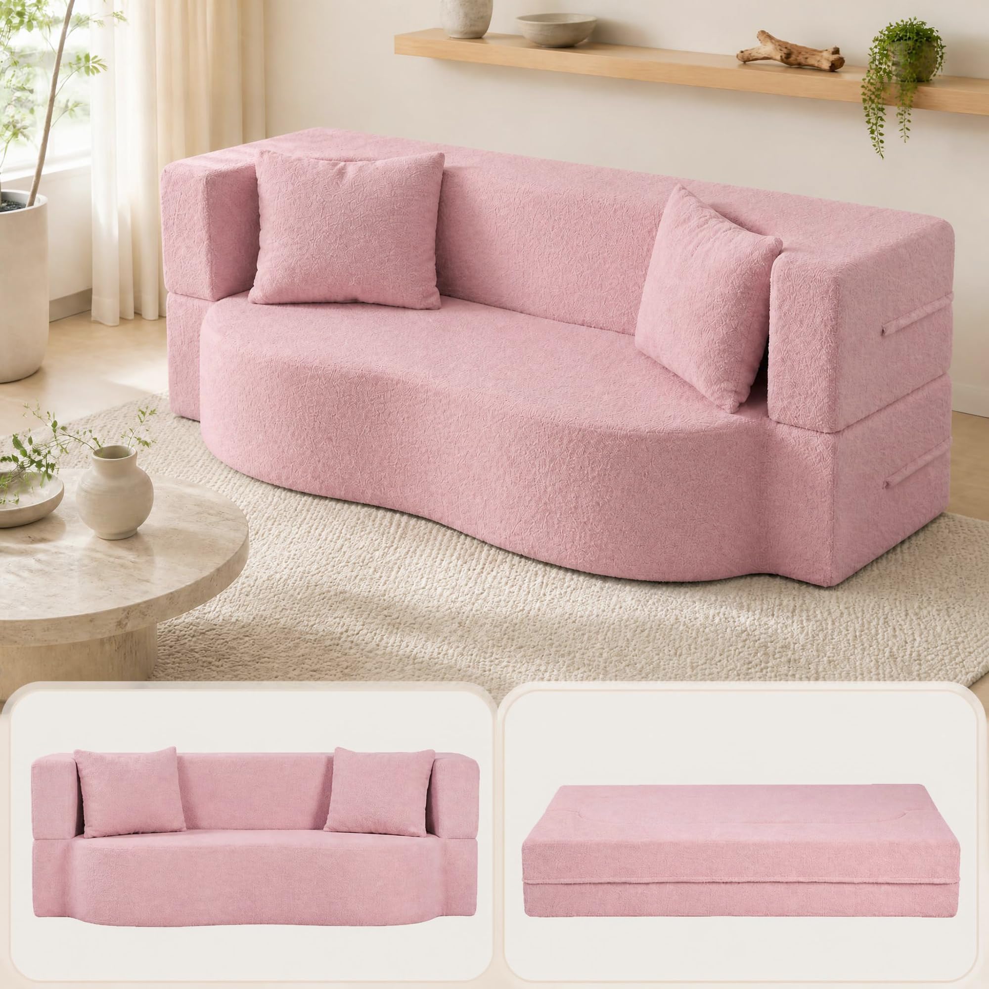 KOMFOTT 2-in-1 Folding Sofa Bed Convertible Loveseat Sofa in Teddy Fleece