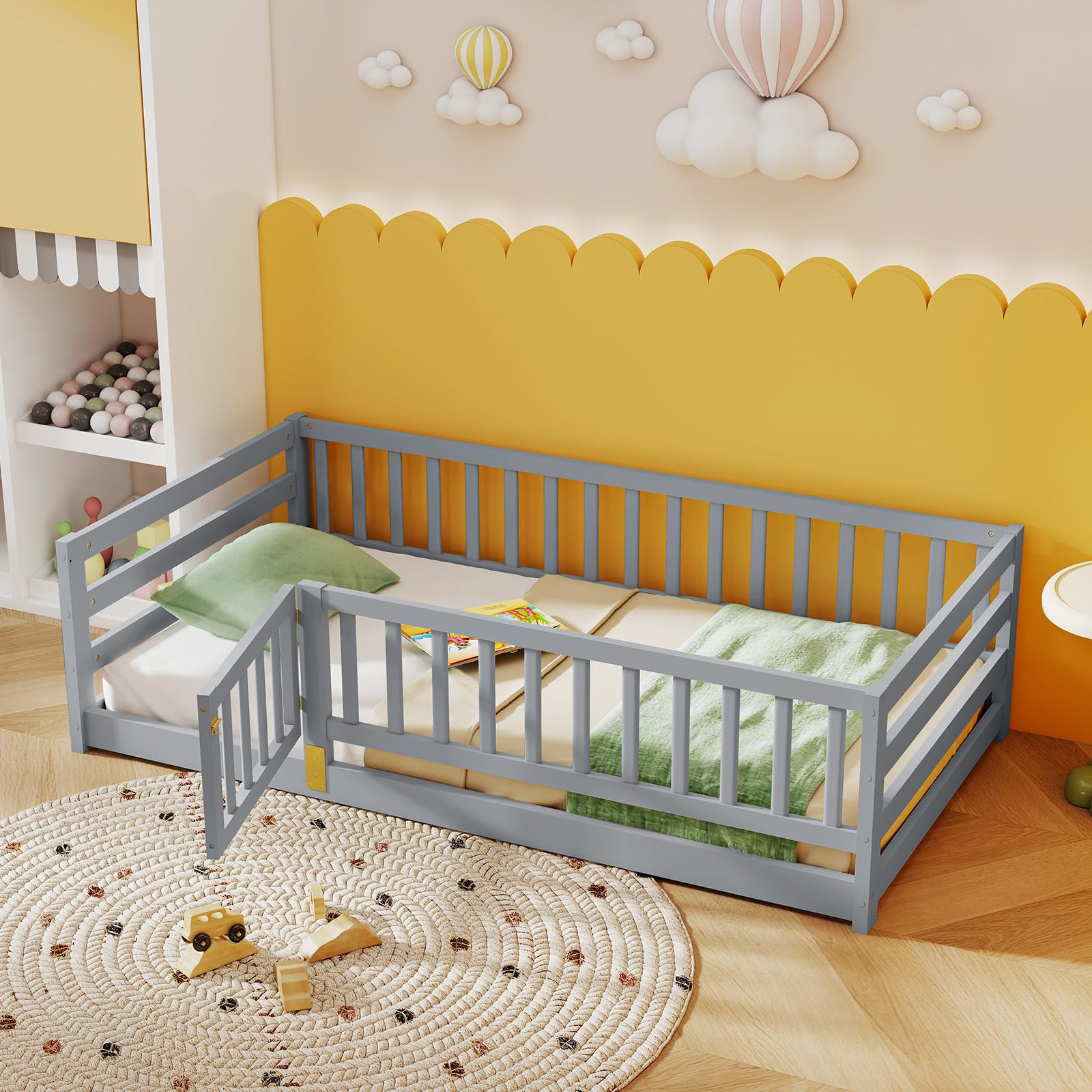 KOMFOTT Twin Size Wood Floor Bed with Door & 21.5” Fence