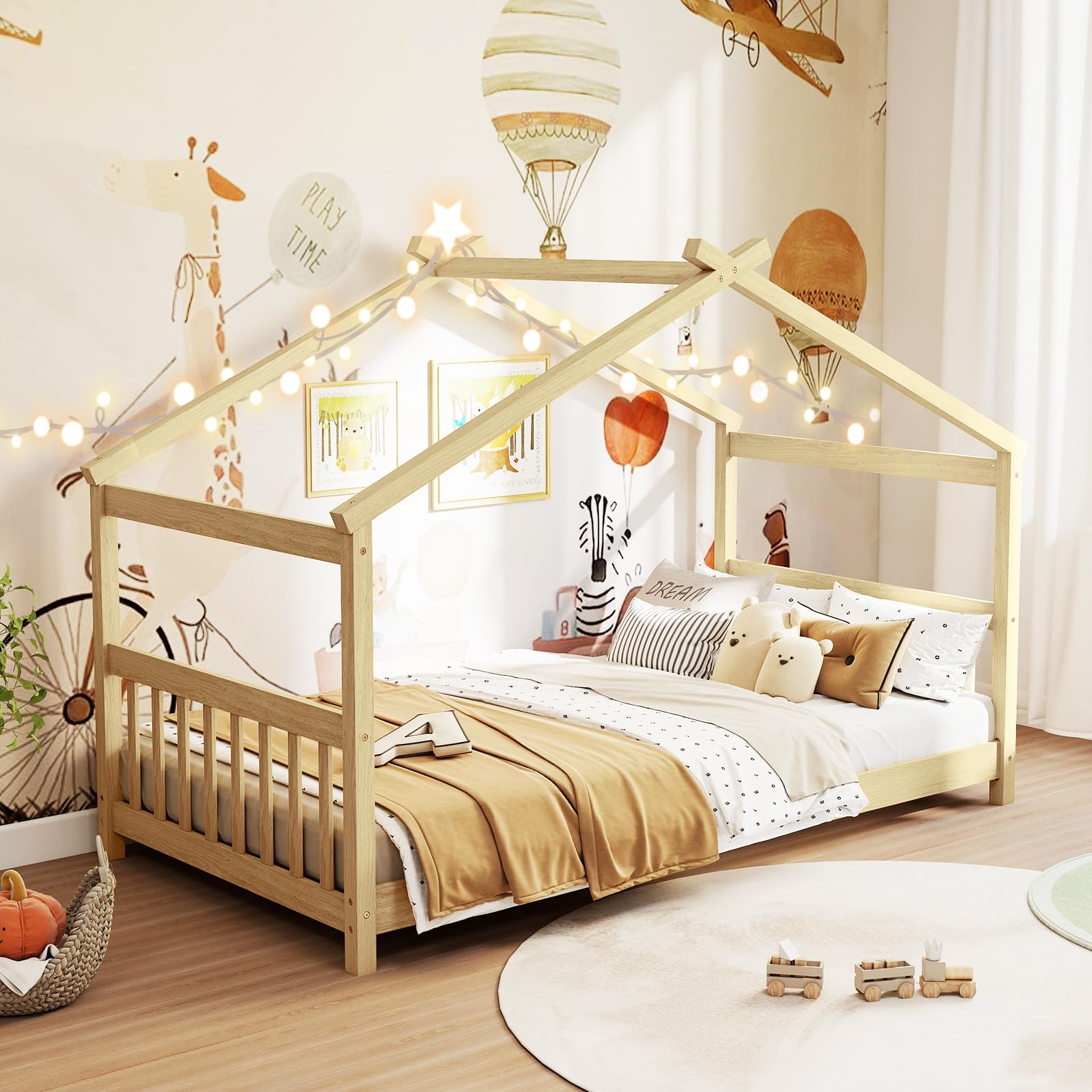 KOMFOTT Twin Floor House Bed with Headboard & Footboard