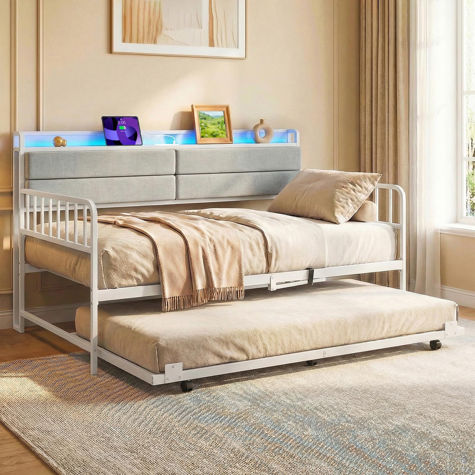 KOMFOTT Twin Size Daybed with Trundle & LED Light