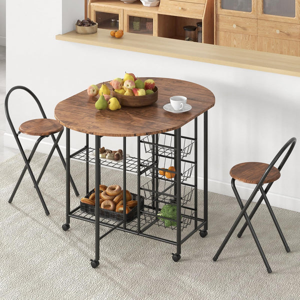 3 piece Counter Height Table Set, Drop Leaf Dining Table & 2 Foldable Stools, Folding Table with Storage & 6 Wheels