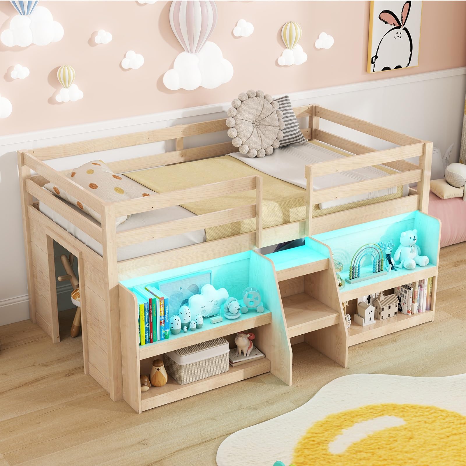 KOMFOTT Low Loft Bed with LED Light & 2 Bookcases