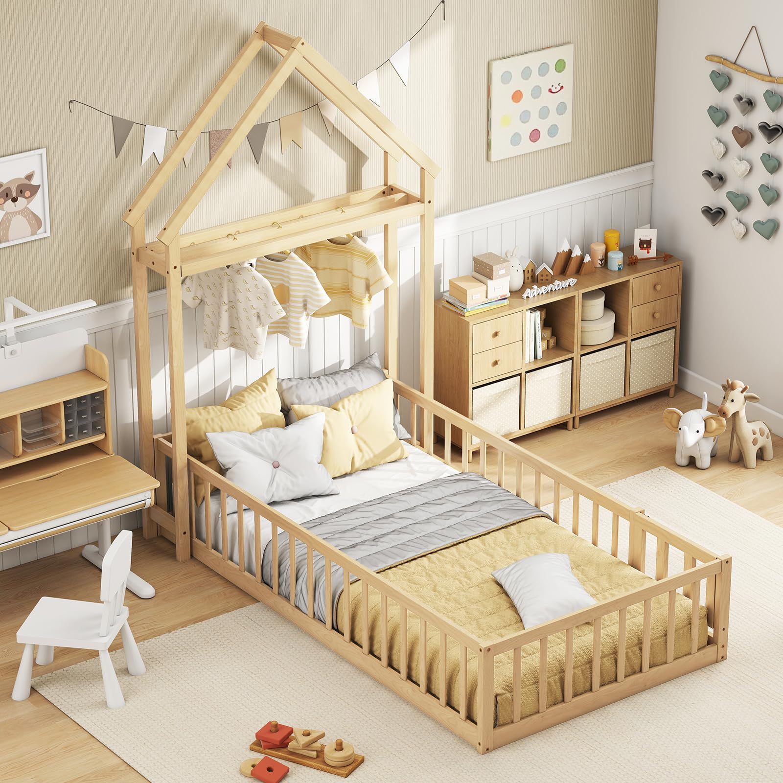 KOMFOTT Twin Size Floor Bed with House-Shaped Headboard（Twin with Headboard）